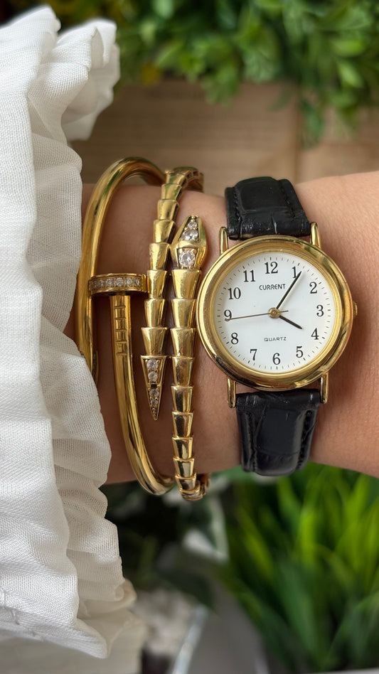 Vintage Current Classic Watch in Gold Tone Black Leather Quartz #00905