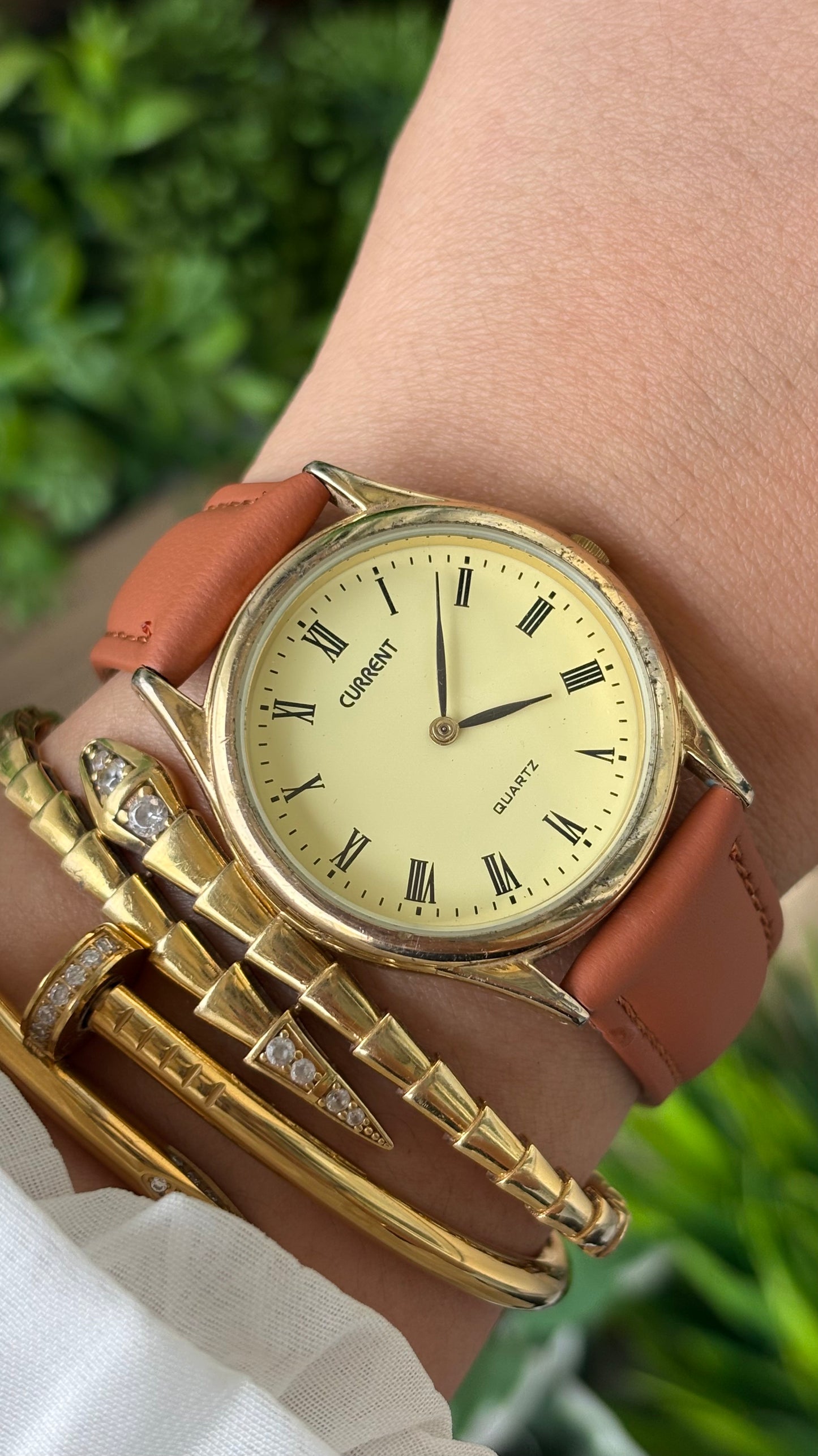 Vintage Current Men's Watch in Gold Tone Honey Brown Leather Yellow Dial Quartz #00903