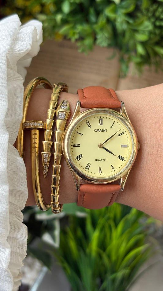 Vintage Current Men's Watch in Gold Tone Honey Brown Leather Yellow Dial Quartz #00903