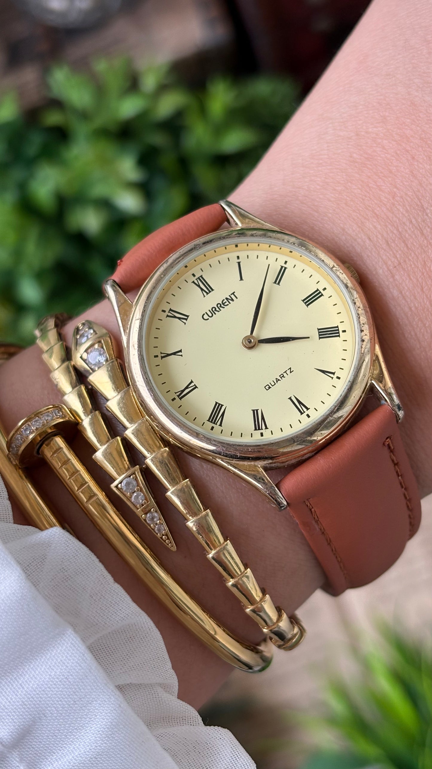 Vintage Current Men's Watch in Gold Tone Honey Brown Leather Yellow Dial Quartz #00903