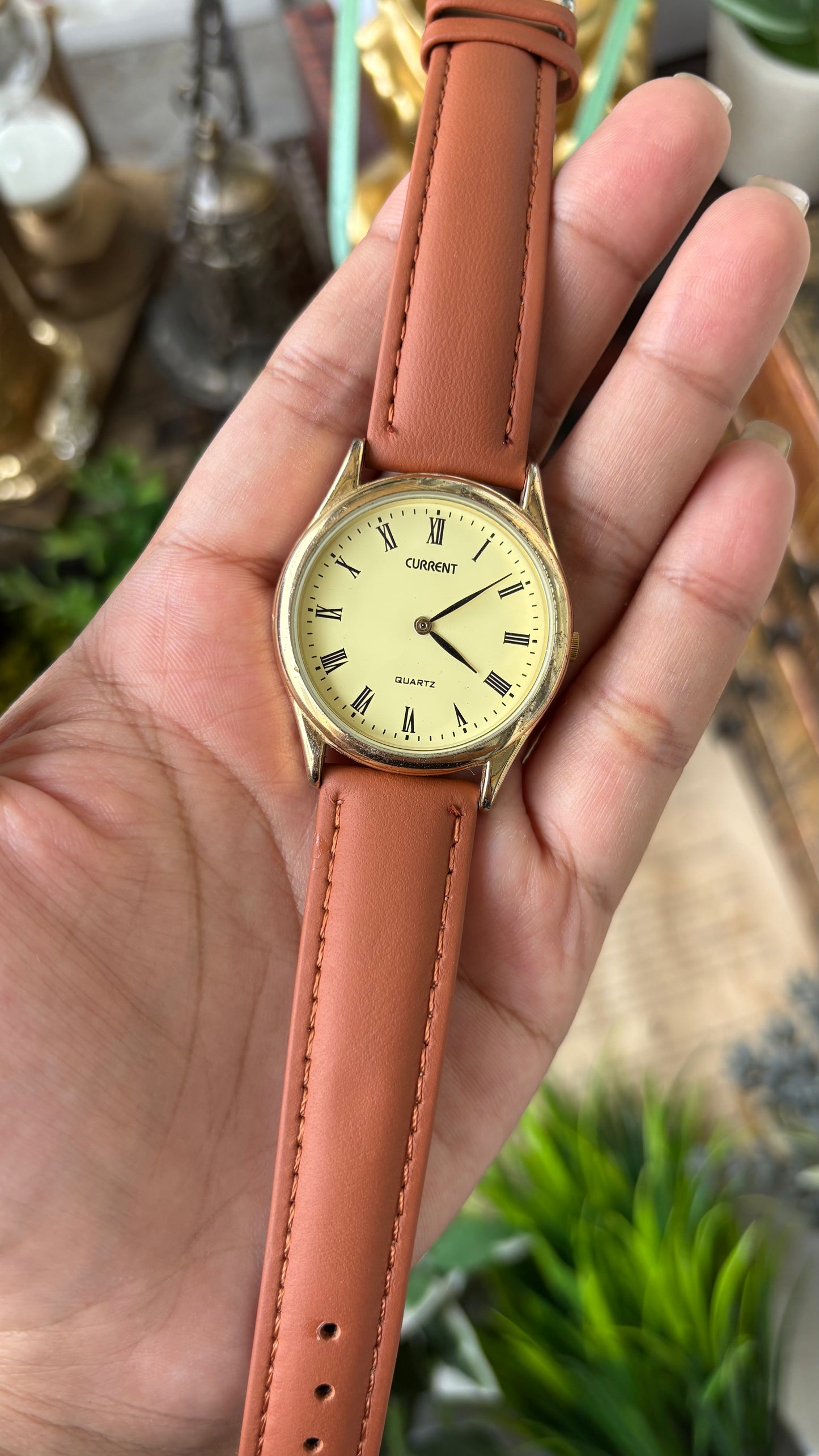 Vintage Current Men's Watch in Gold Tone Honey Brown Leather Yellow Dial Quartz #00903