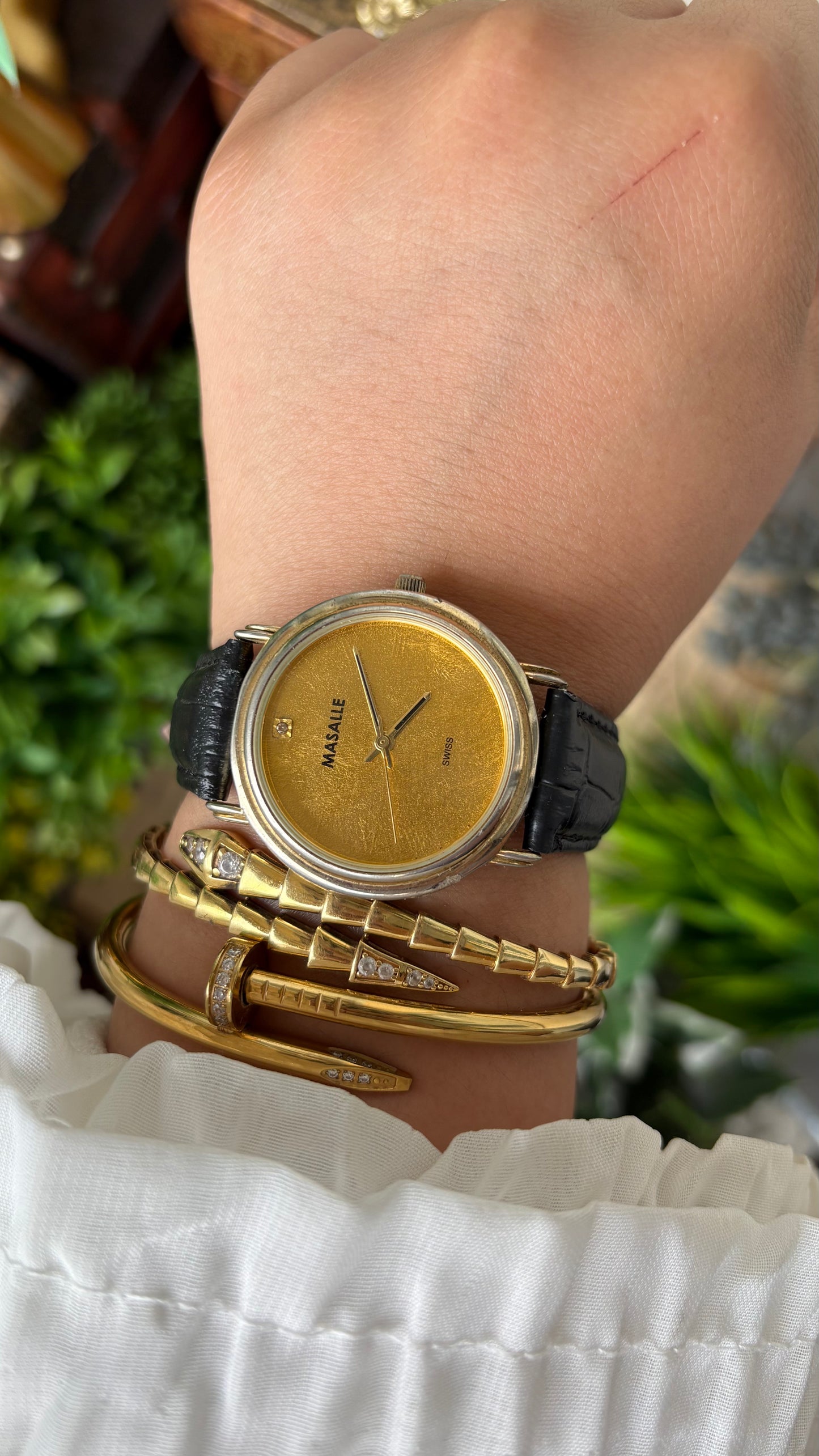 Vintage Masalle Swiss Men's Watch in Gold Tone Black Leather Gold Textured Dial Quartz #00927