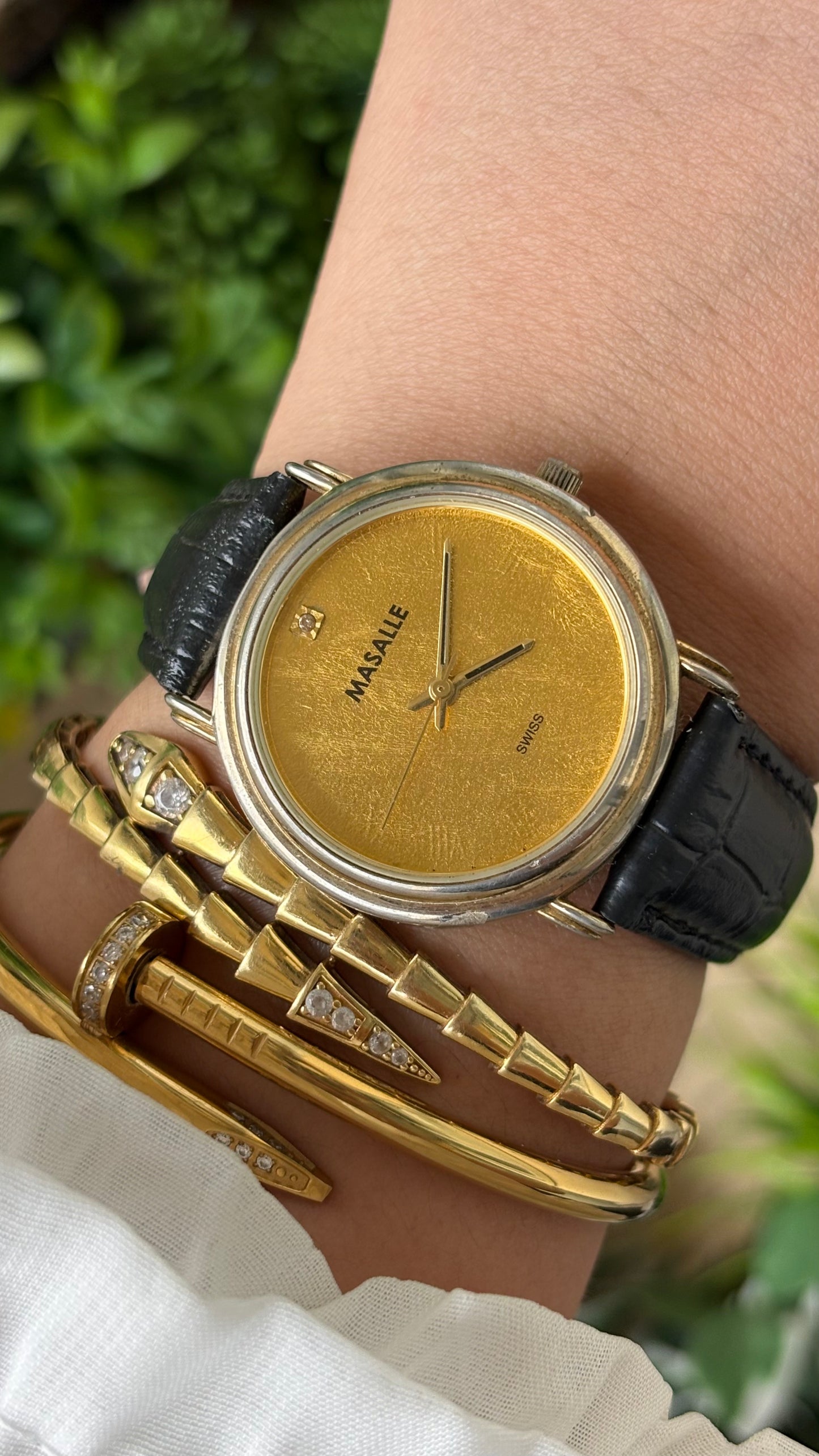 Vintage Masalle Swiss Men's Watch in Gold Tone Black Leather Gold Textured Dial Quartz #00927