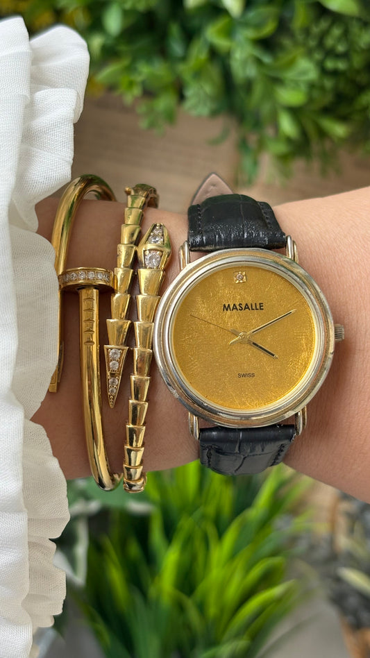 Vintage Masalle Swiss Men's Watch in Gold Tone Black Leather Gold Textured Dial Quartz #00927