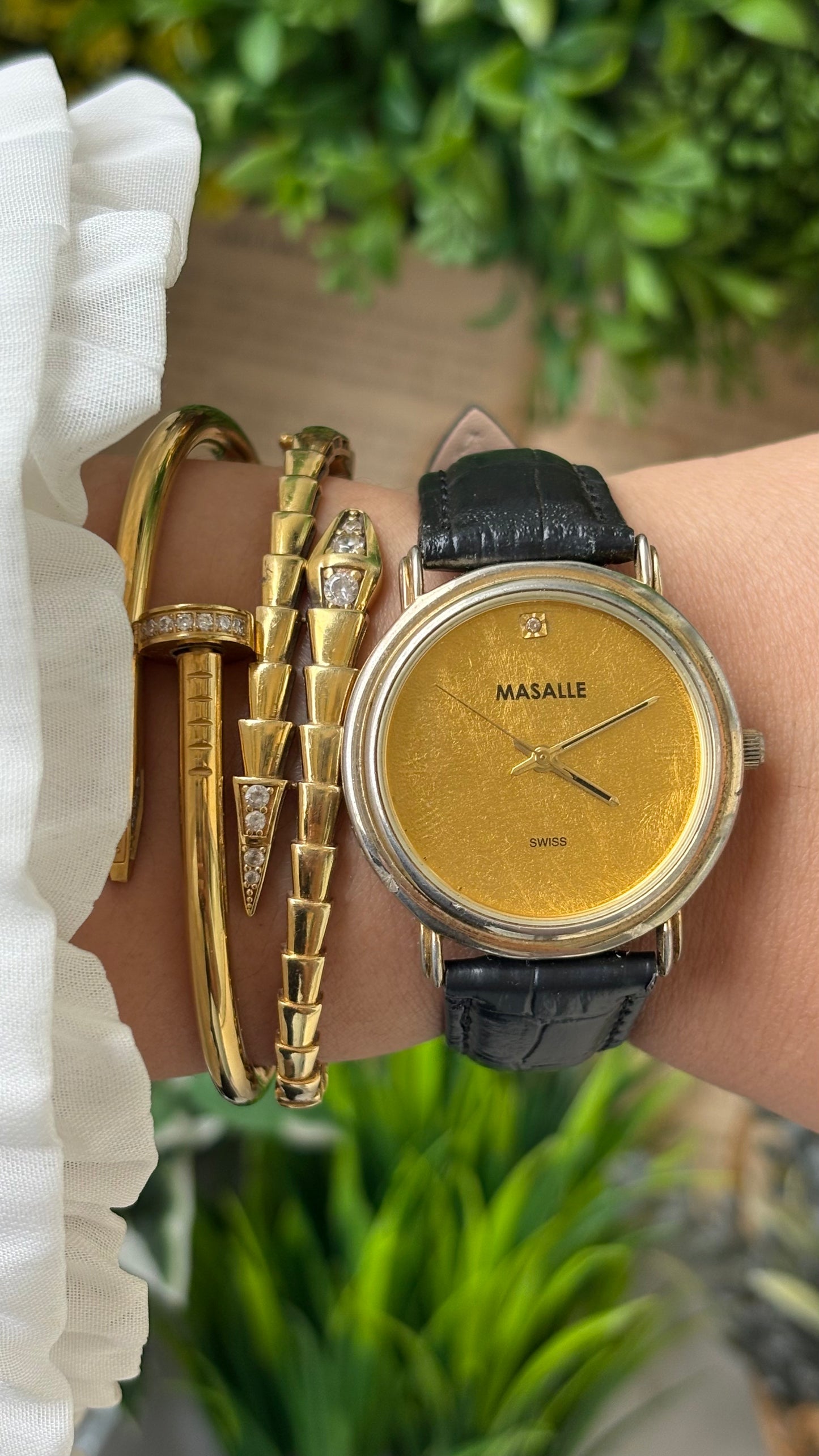 Vintage Masalle Swiss Men's Watch in Gold Tone Black Leather Gold Textured Dial Quartz #00927