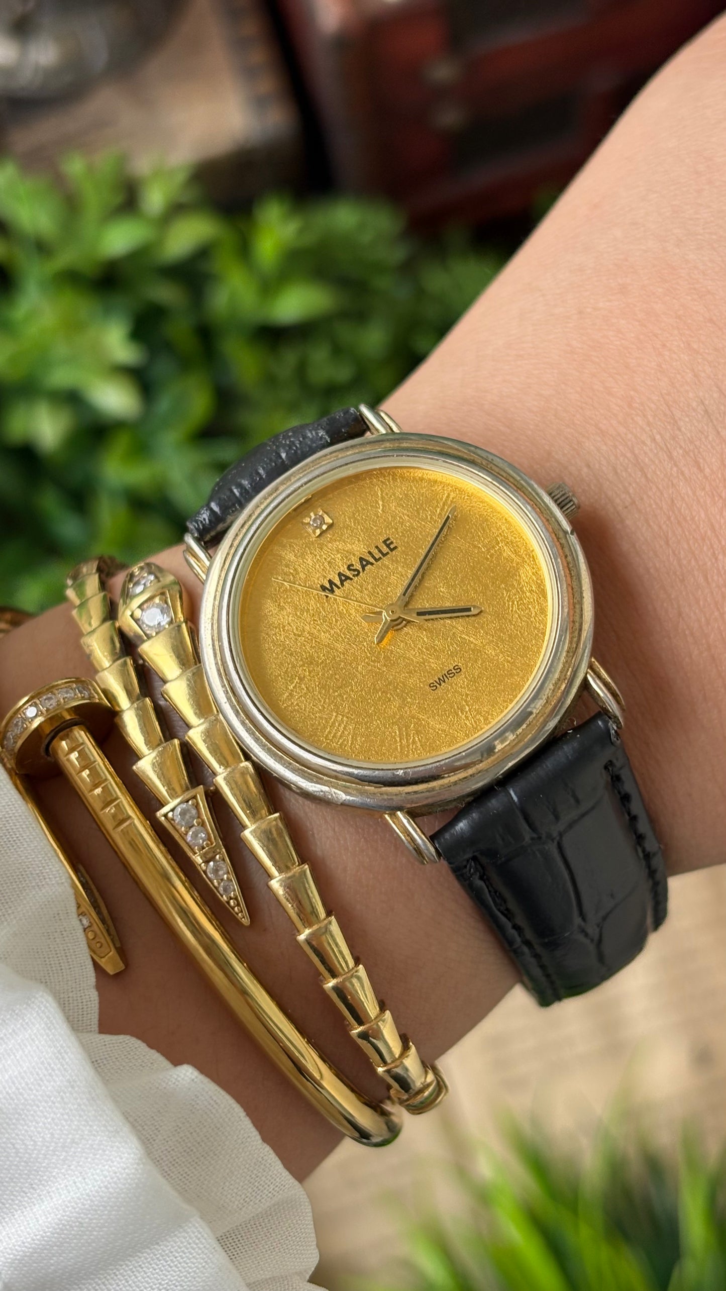 Vintage Masalle Swiss Men's Watch in Gold Tone Black Leather Gold Textured Dial Quartz #00927