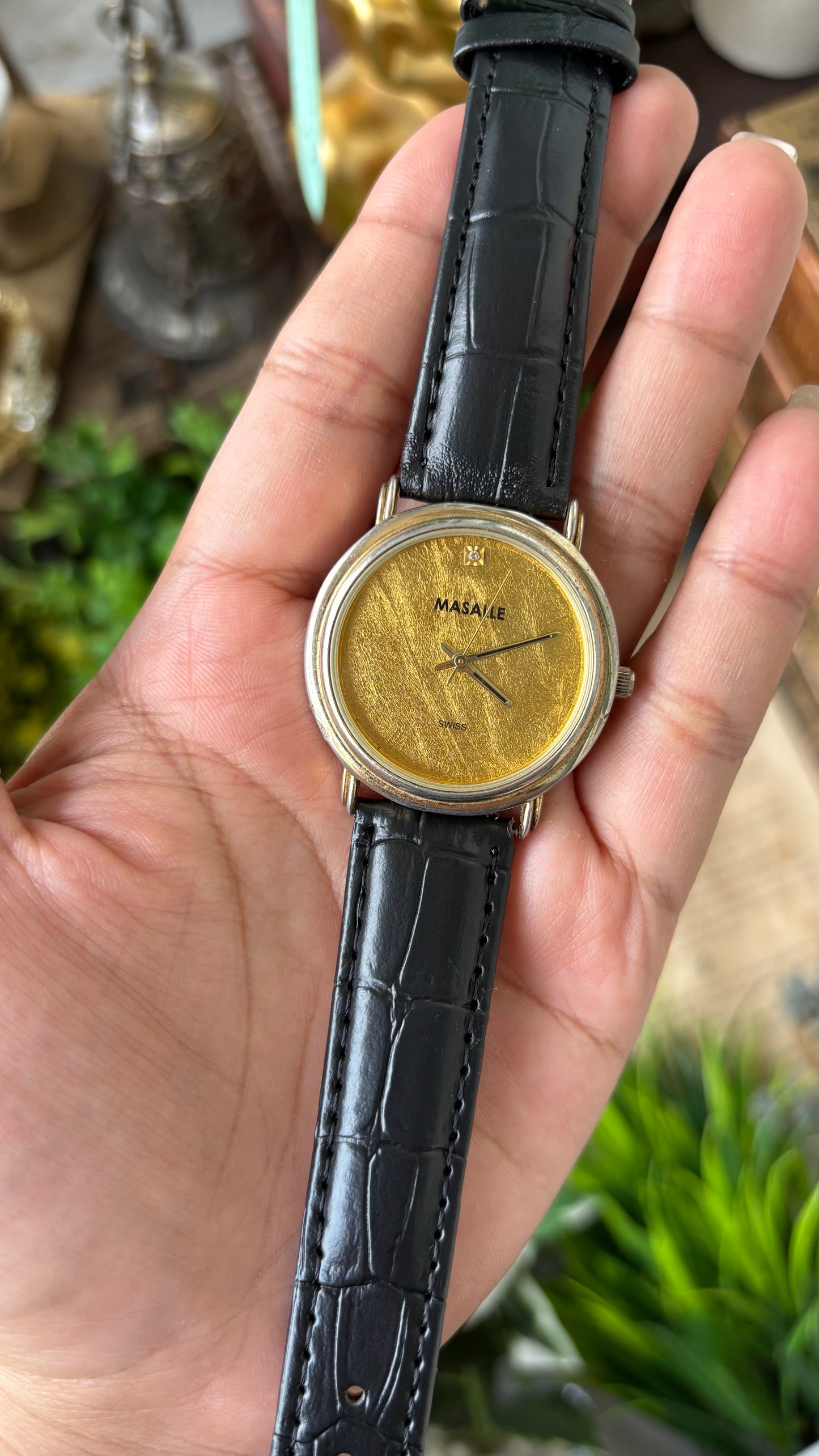 Vintage Masalle Swiss Men's Watch in Gold Tone Black Leather Gold Textured Dial Quartz #00927