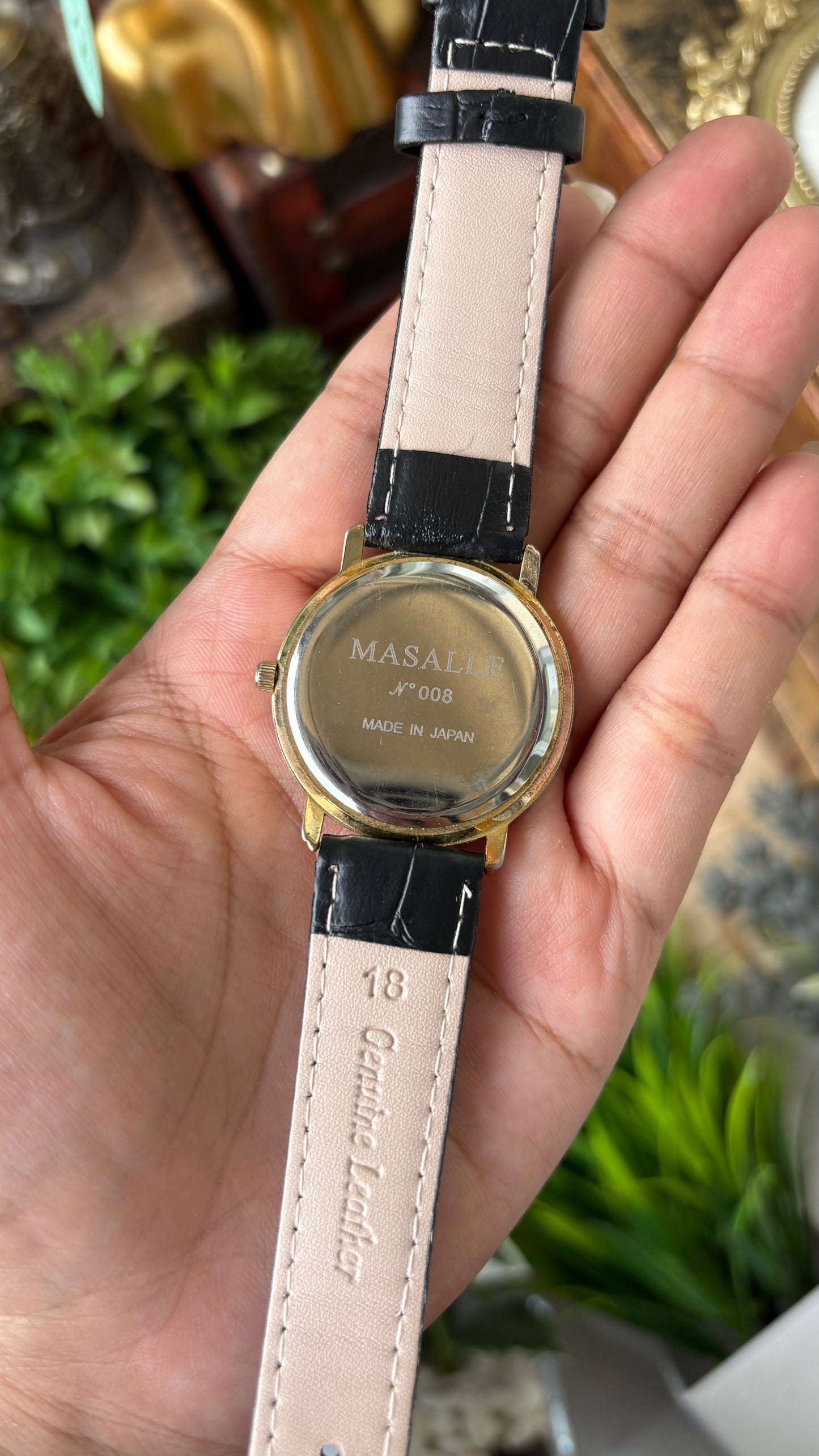 Vintage Masalle Swiss Men's Watch in Gold Tone Black Leather Gold Textured Dial Quartz #00927