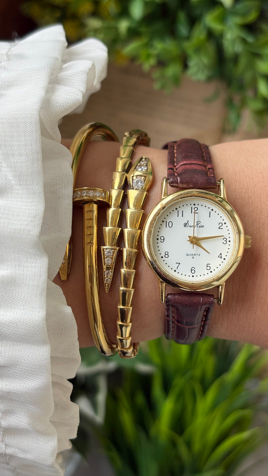 Vintage Sunrise Classic Watch in Gold Tone Maroon Leather Quartz #00922