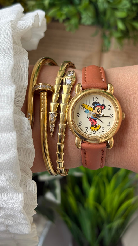 Rare Vintage Alba Mickey Mouse Baseball Watch in Gold Tone Honey Brown Leather Quartz #00906