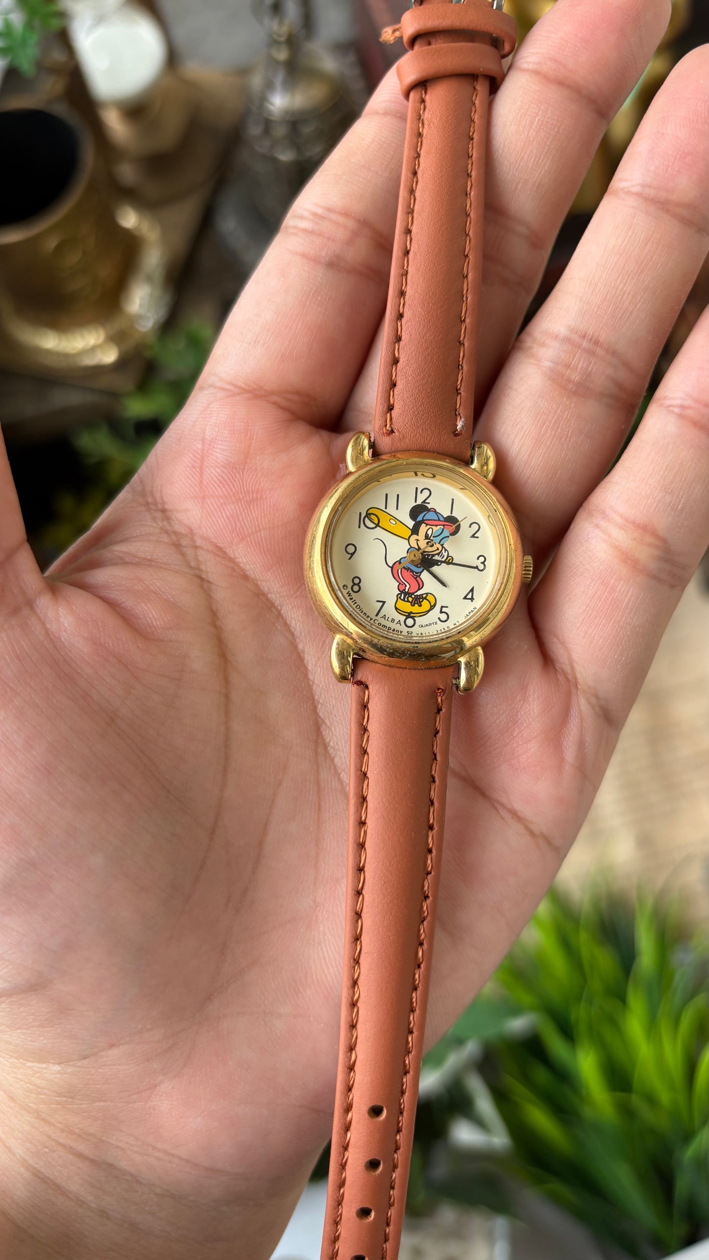 Rare Vintage Alba Mickey Mouse Baseball Watch in Gold Tone Honey Brown Leather Quartz #00906