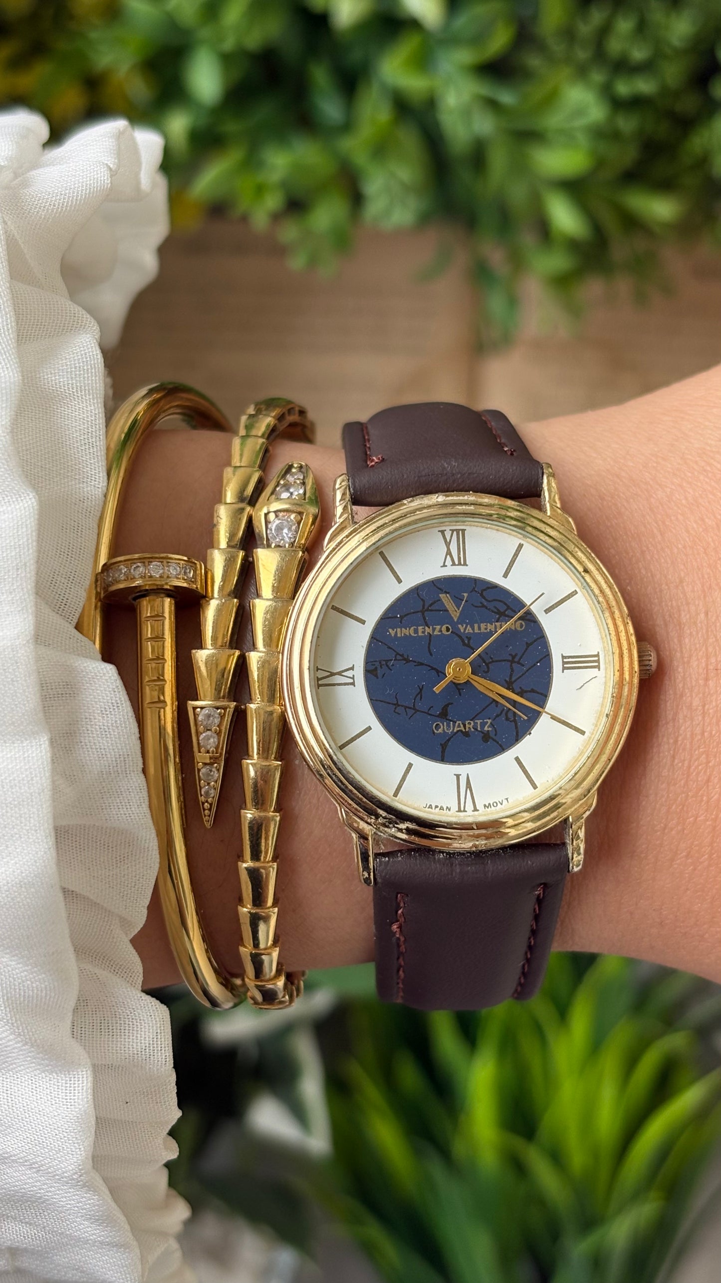 Vintage Vincenzo Valentino Cracked Marble Style Inner Dial Men's Watch in Gold Tone Brown Leather Quartz #00901