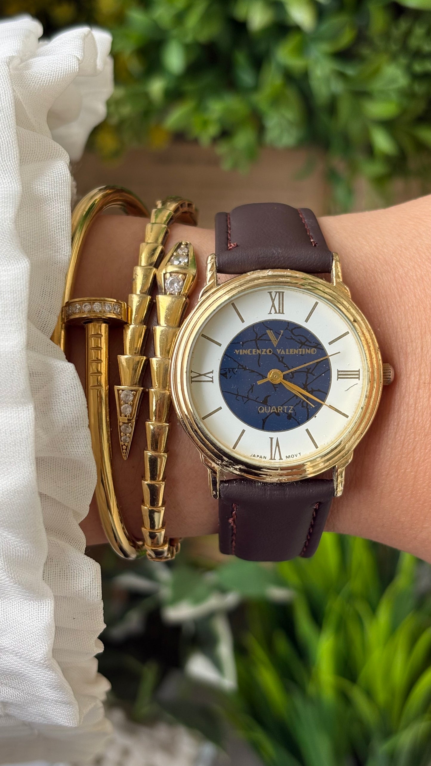 Vintage Vincenzo Valentino Cracked Marble Style Inner Dial Men's Watch in Gold Tone Brown Leather Quartz #00901