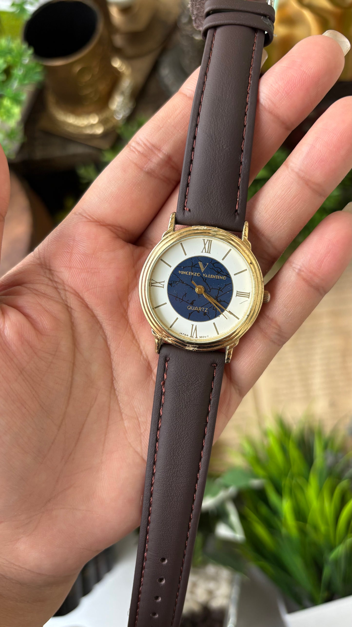 Vintage Vincenzo Valentino Cracked Marble Style Inner Dial Men's Watch in Gold Tone Brown Leather Quartz #00901