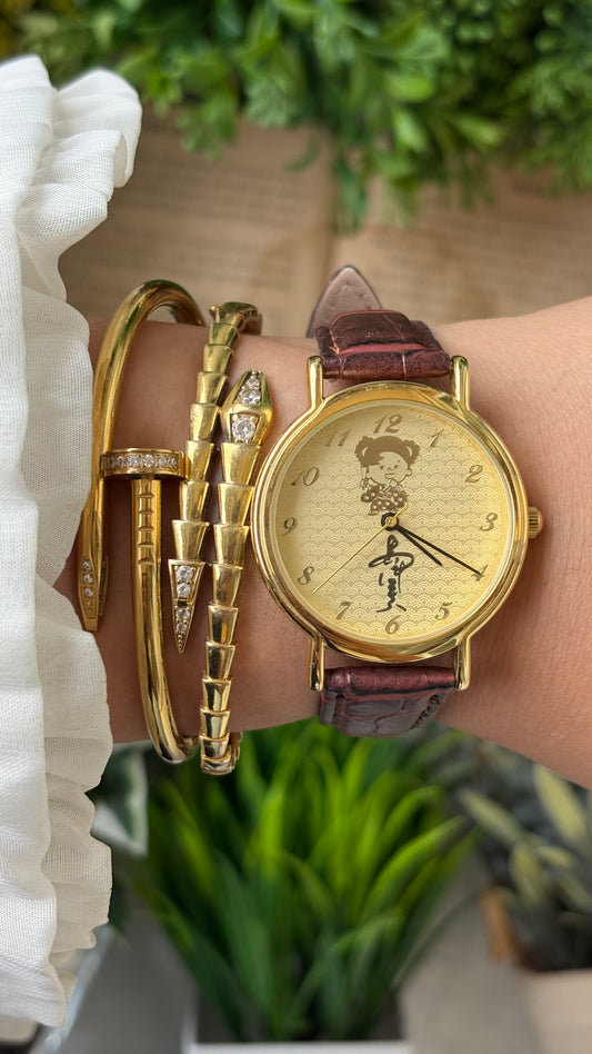Vintage Aya Shimazu Japanese Men's Watch in Gold Tone Maroon Leather Quartz #00914