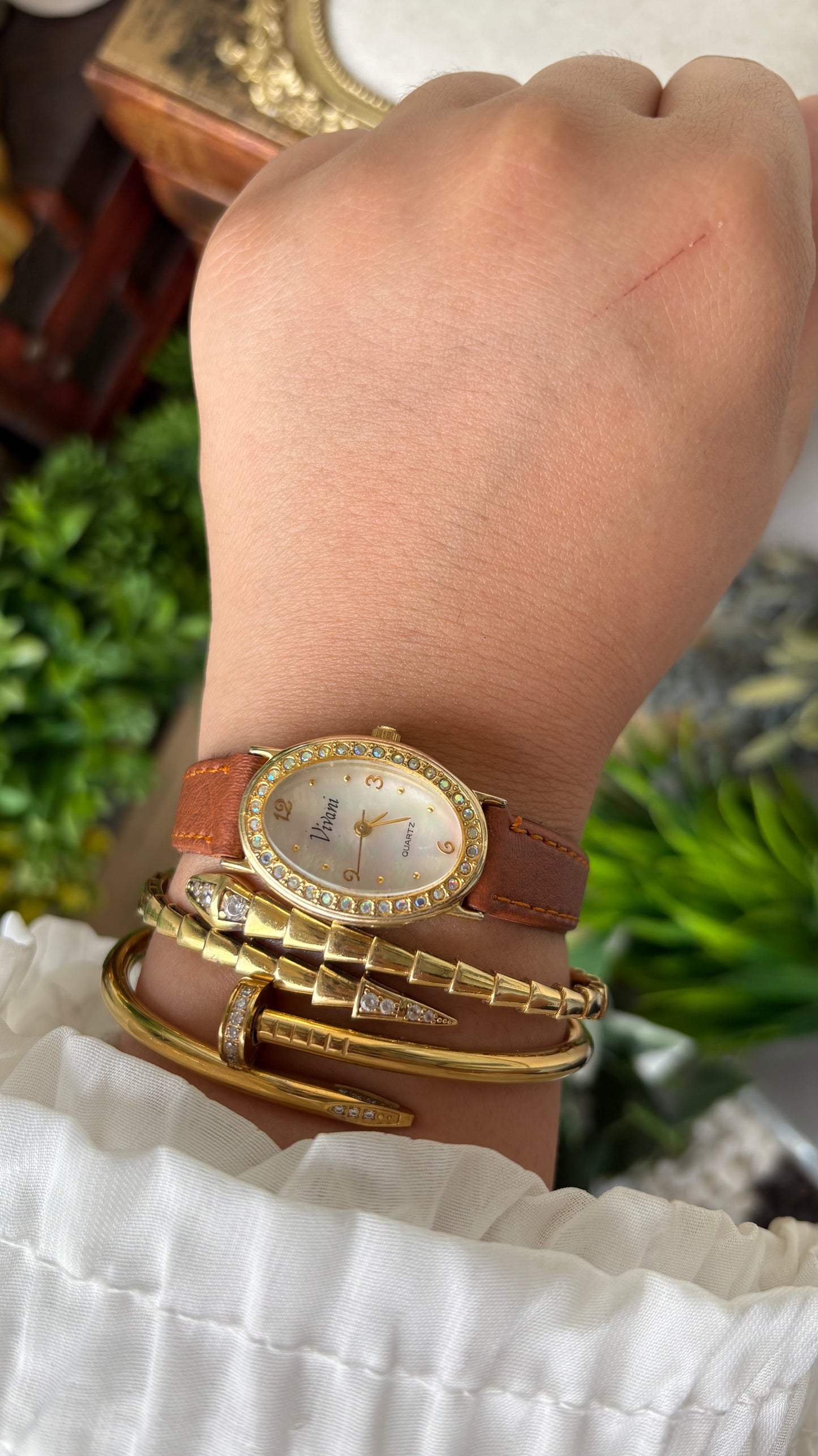 Vintage Vivani Elegant Rhinestone Bezel Watch in Gold Tone Brown Leather Mother of Pearl Dial Quartz #00930