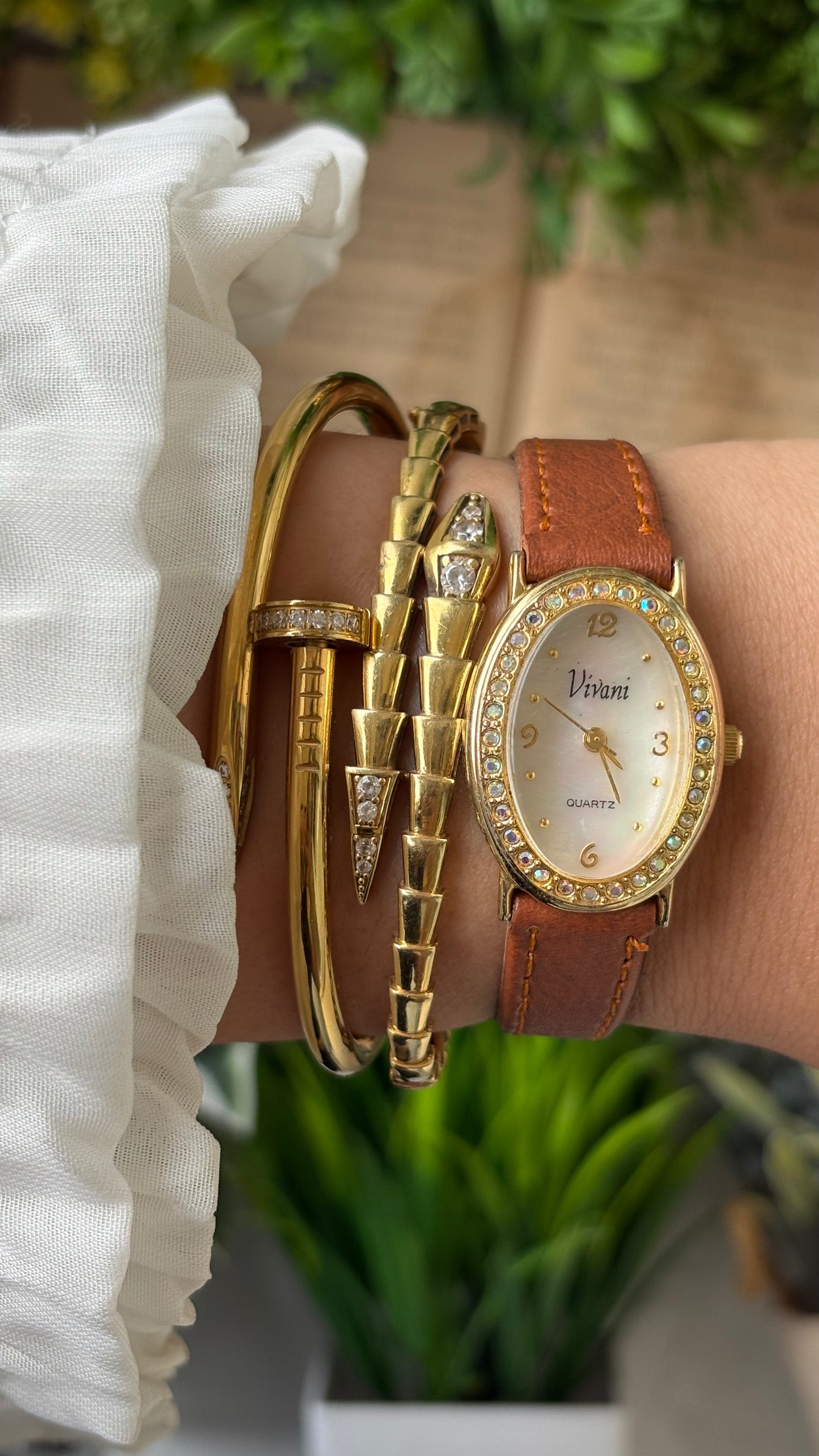Vintage Vivani Elegant Rhinestone Bezel Watch in Gold Tone Brown Leather Mother of Pearl Dial Quartz #00930