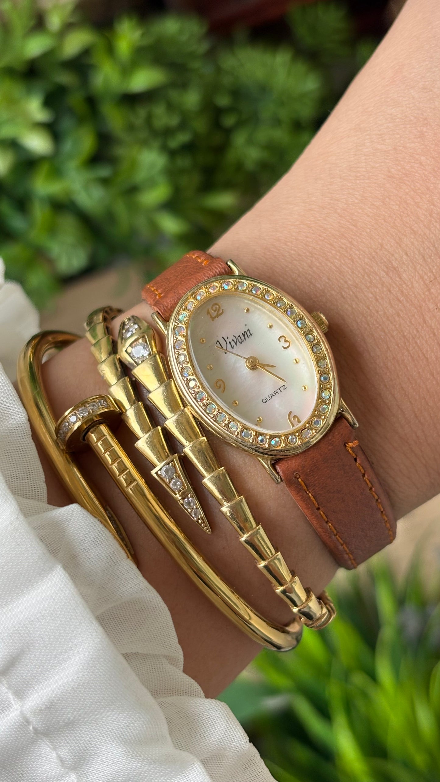 Vintage Vivani Elegant Rhinestone Bezel Watch in Gold Tone Brown Leather Mother of Pearl Dial Quartz #00930