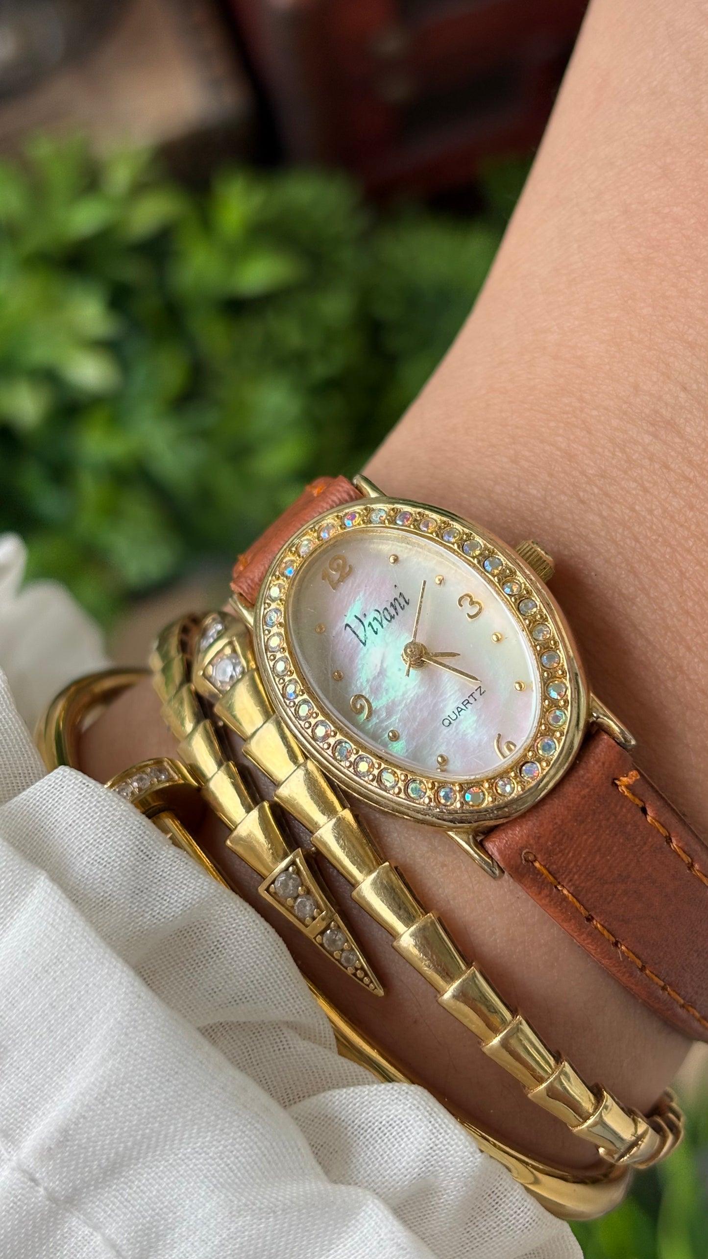 Vintage Vivani Elegant Rhinestone Bezel Watch in Gold Tone Brown Leather Mother of Pearl Dial Quartz #00930