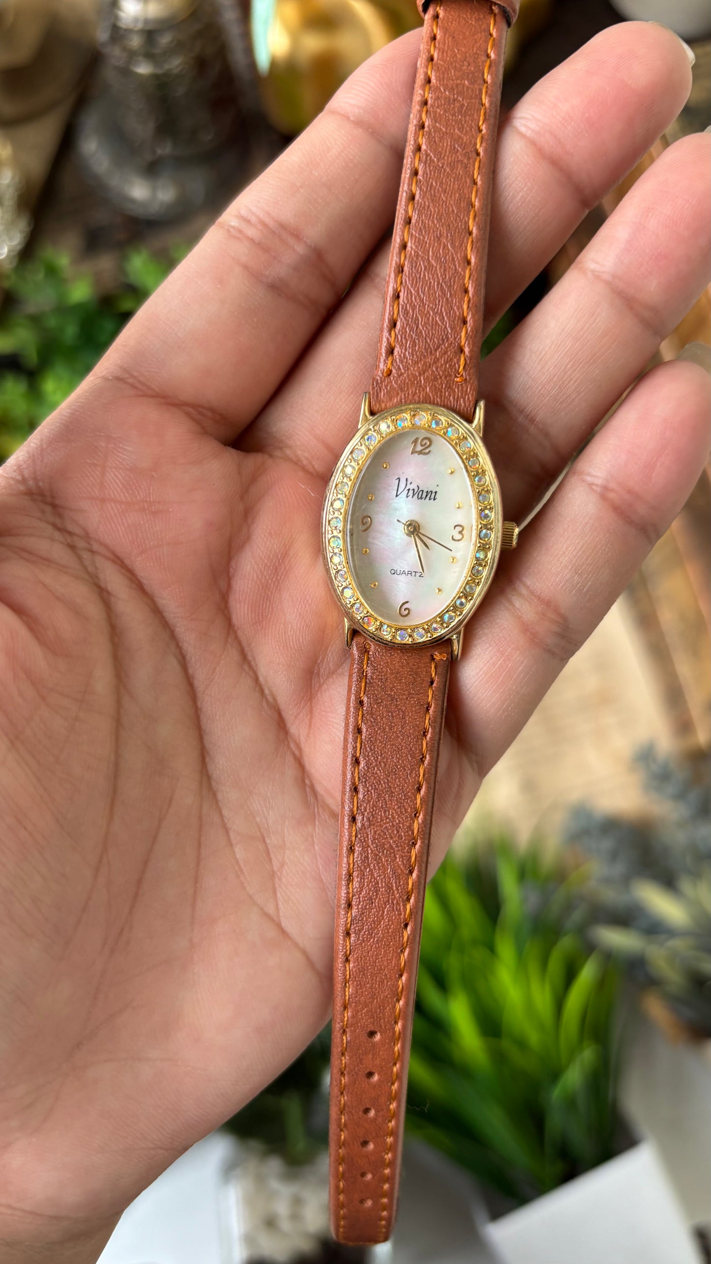 Vintage Vivani Elegant Rhinestone Bezel Watch in Gold Tone Brown Leather Mother of Pearl Dial Quartz #00930