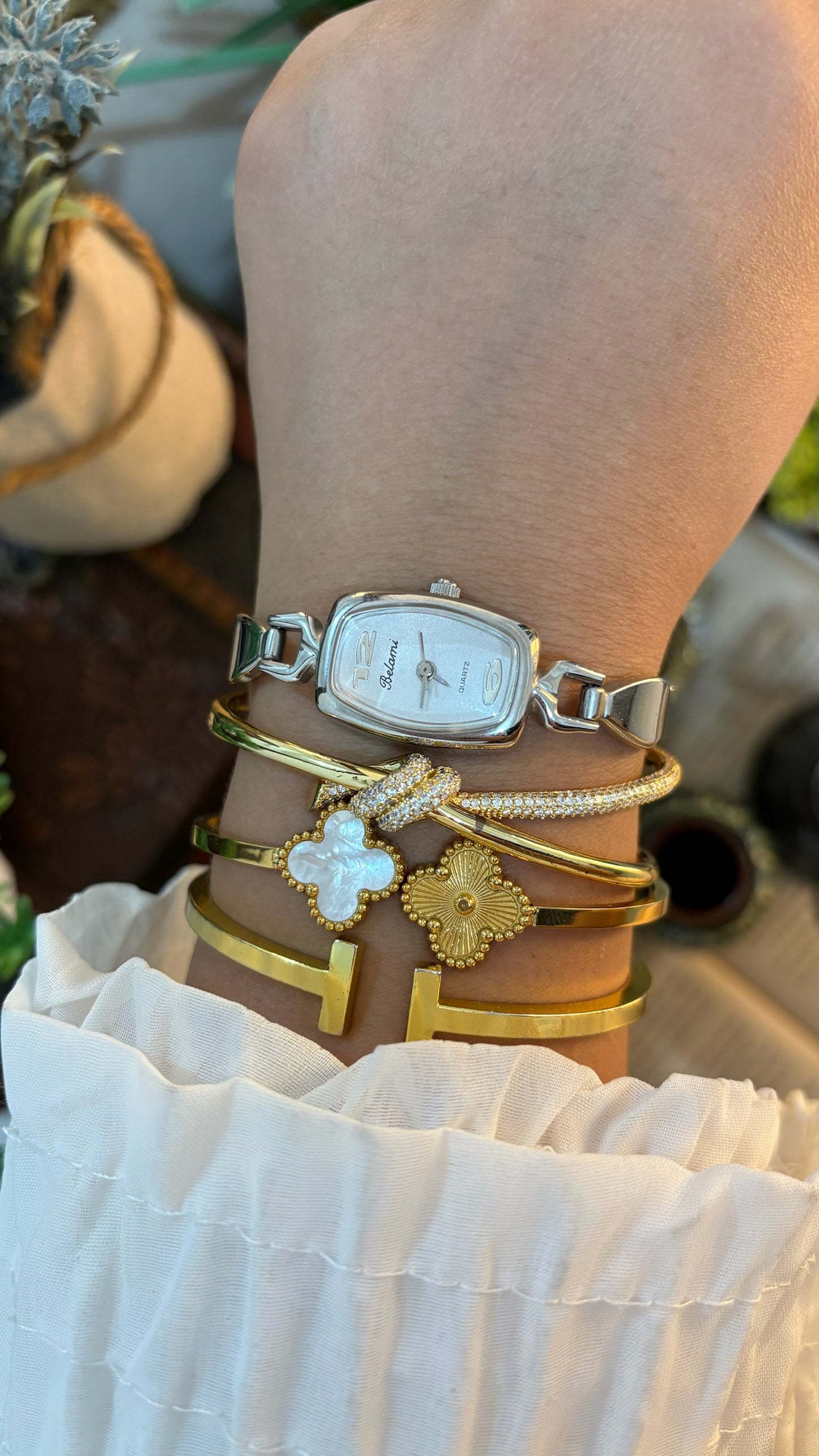 Vintage Belami Heart Links Slim Tank Semi-Bangle Watch in Silver Tone Quartz