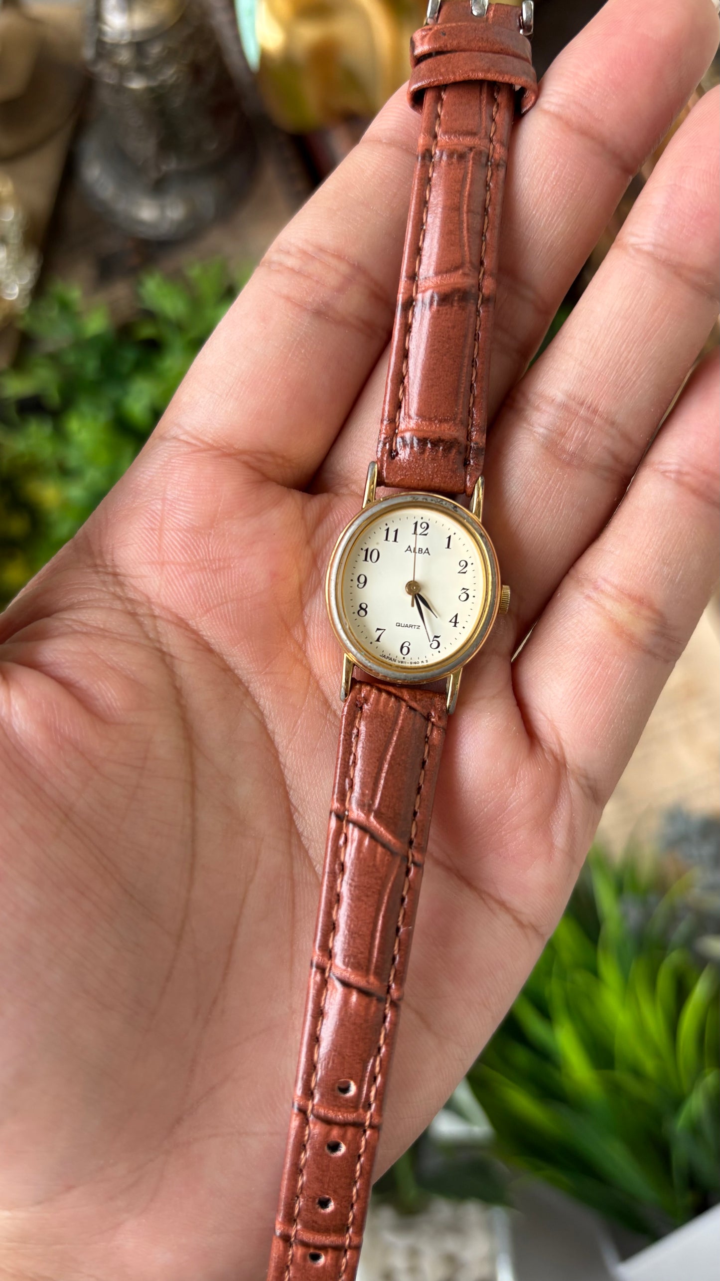 Dainty Vintage Alba Classic Watch in Gold Tone Brown Leather Oval Dial Quartz #00921
