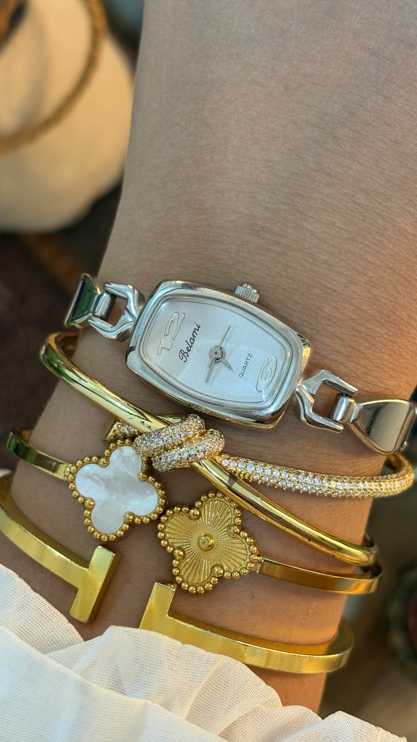 Vintage Belami Heart Links Slim Tank Semi-Bangle Watch in Silver Tone Quartz