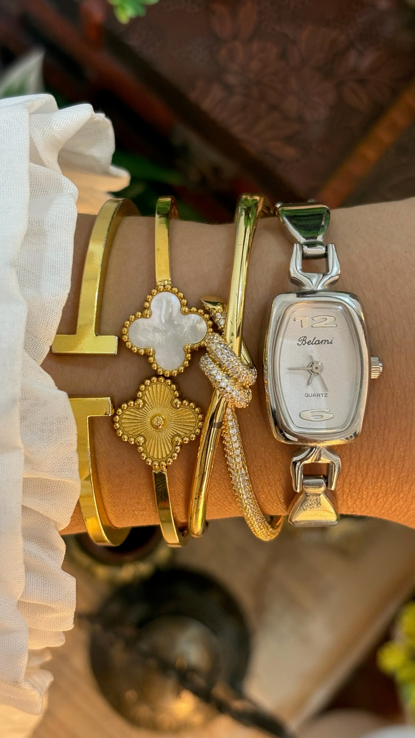 Vintage Belami Heart Links Slim Tank Semi-Bangle Watch in Silver Tone Quartz