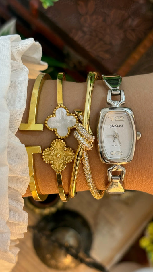 Vintage Belami Heart Links Slim Tank Semi-Bangle Watch in Silver Tone Quartz