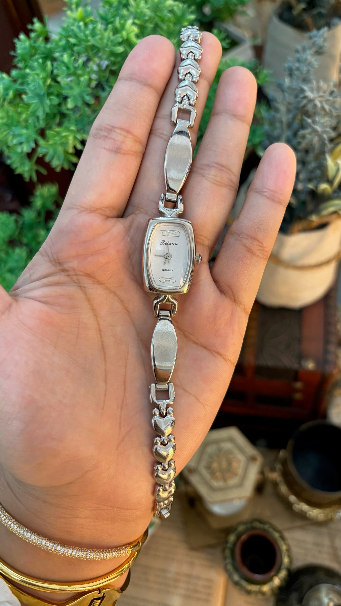 Vintage Belami Heart Links Slim Tank Semi-Bangle Watch in Silver Tone Quartz
