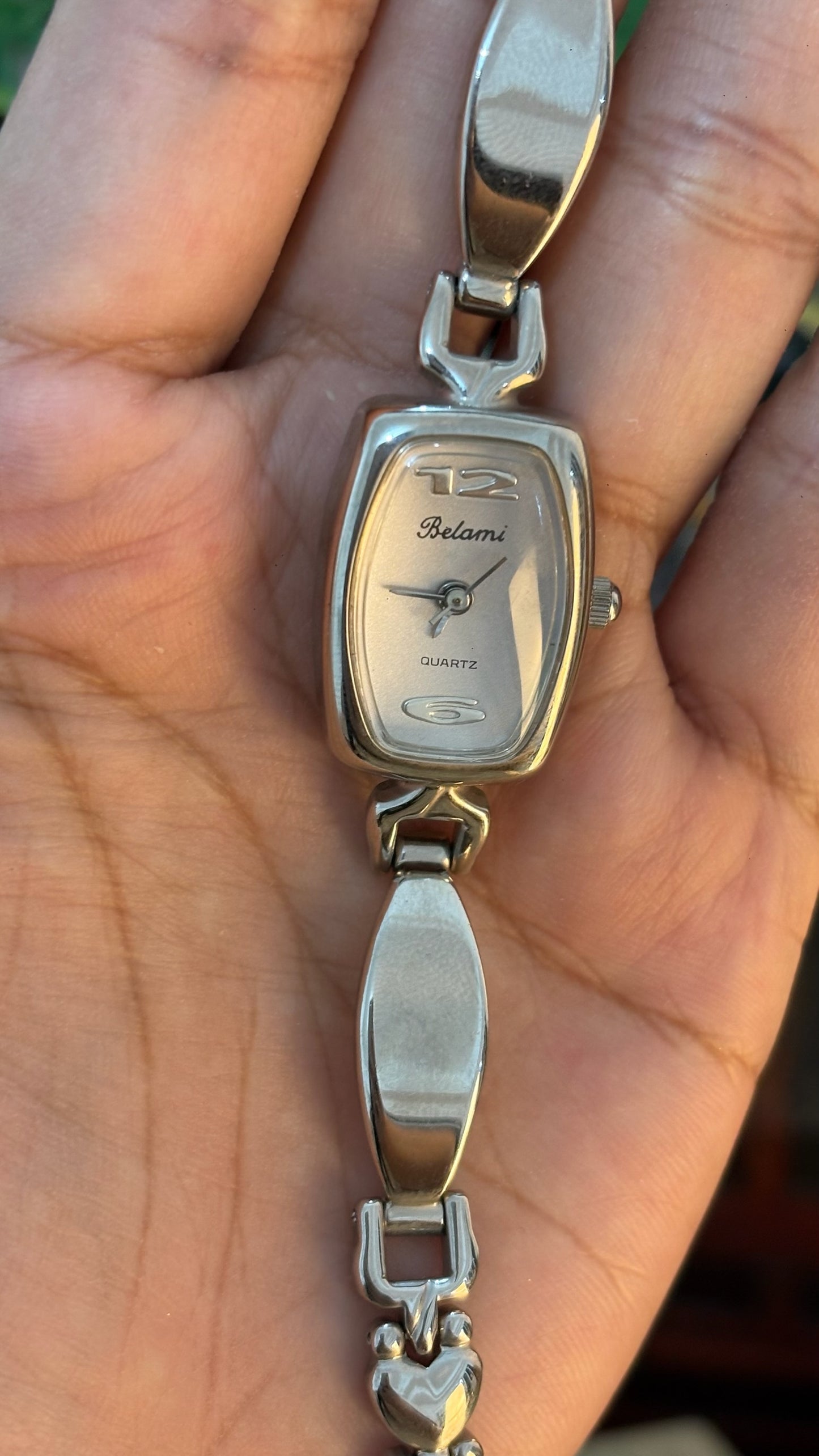 Vintage Belami Heart Links Slim Tank Semi-Bangle Watch in Silver Tone Quartz