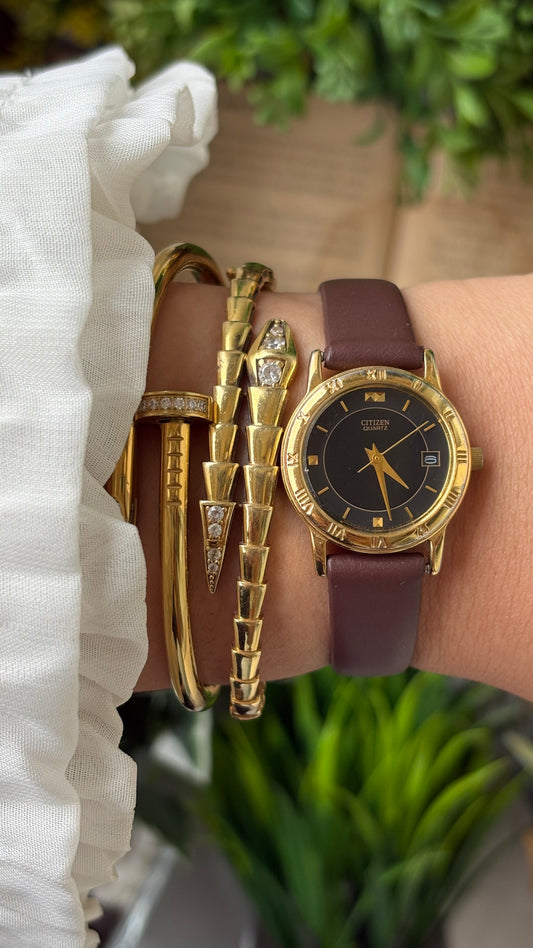 Vintage Citizen Date Window Watch in Gold Tone Brown Leather Black Dial Quartz #00934