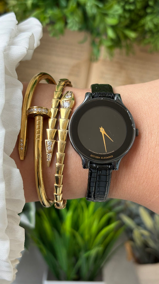 Rare Vintage Citizen Elegance Watch in Dark Silver Tone Black Leather Quartz #00926