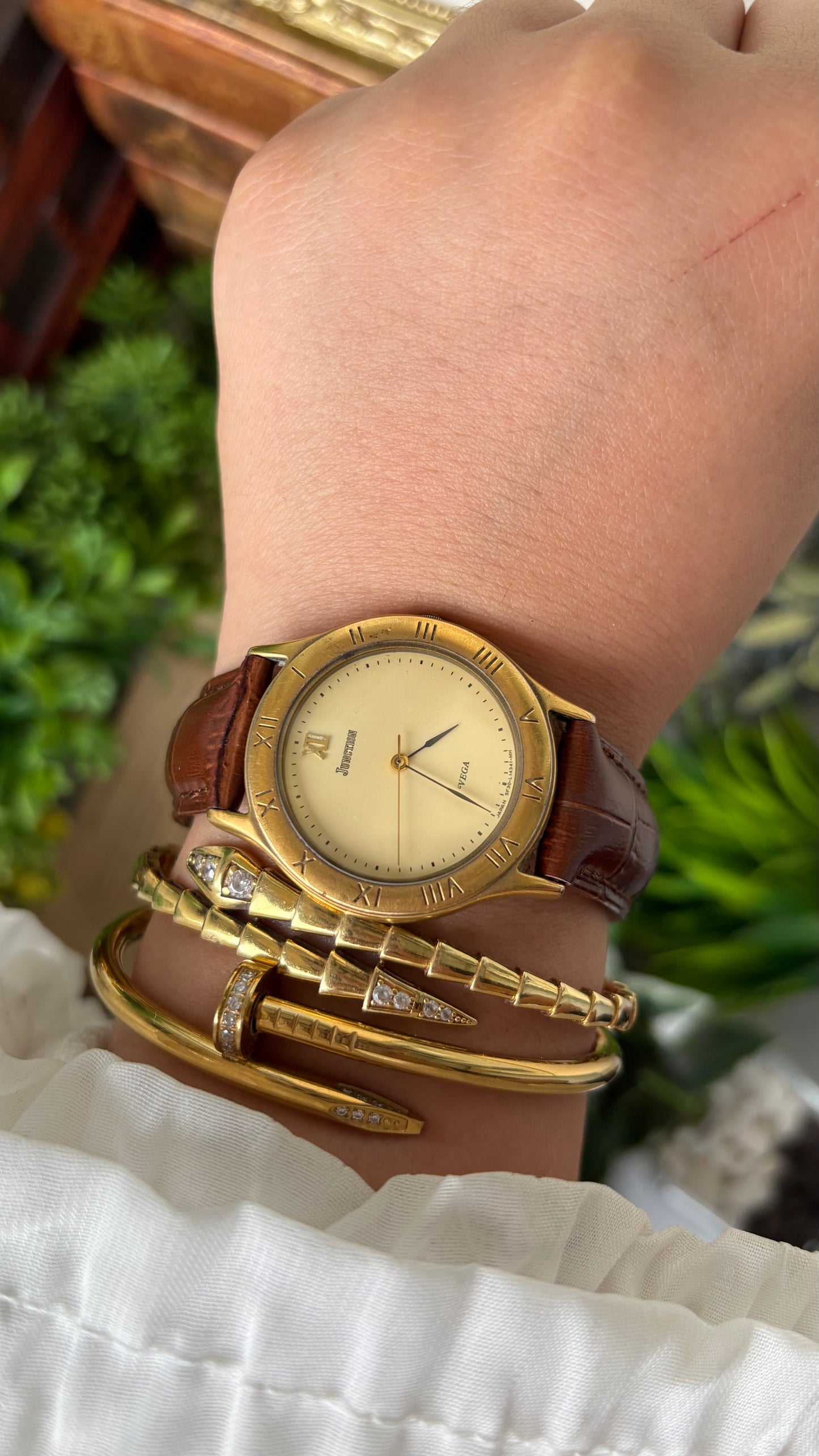 Vintage Junction by Citizen Vega Engraved Bezel Indices Watch in Gold Tone Brown Leather Quartz #00935