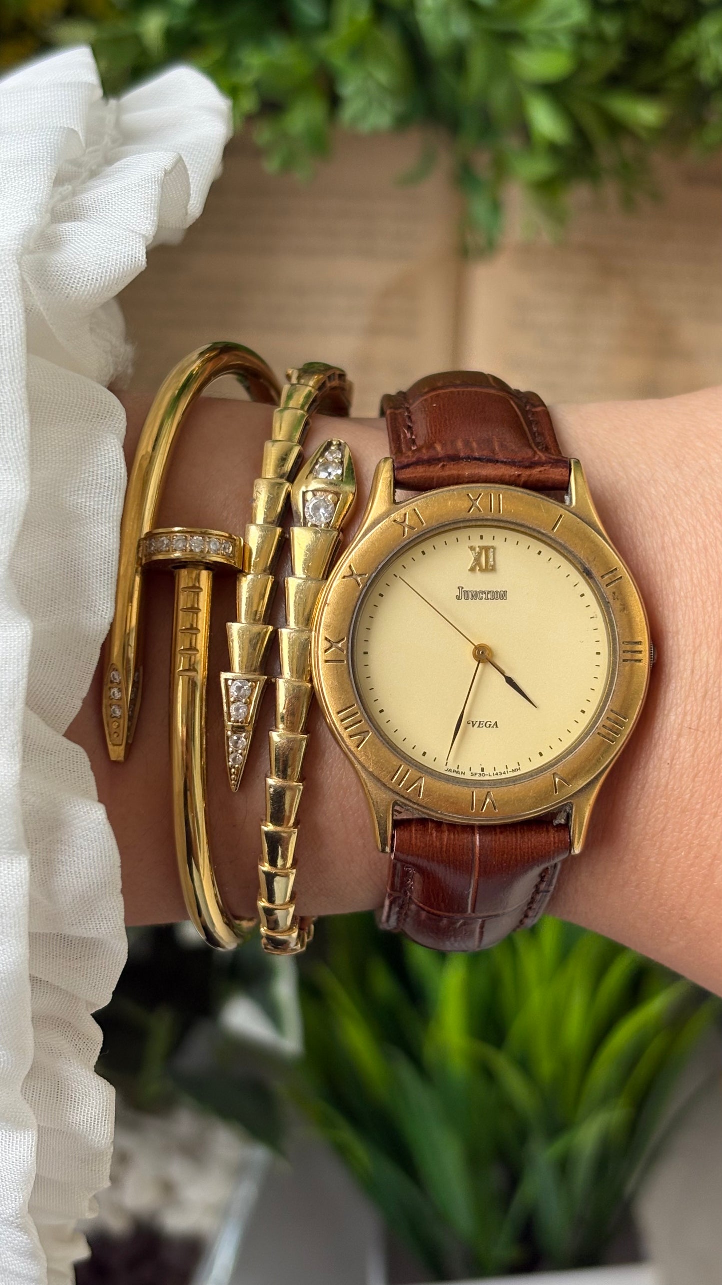 Vintage Junction by Citizen Vega Engraved Bezel Indices Watch in Gold Tone Brown Leather Quartz #00935