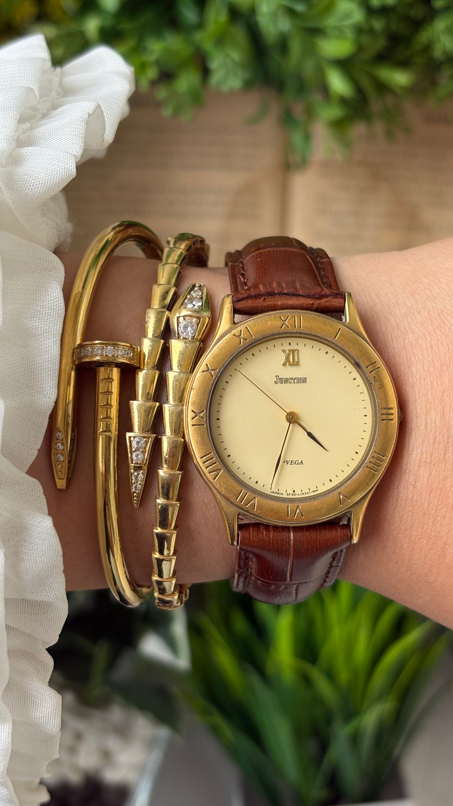 Vintage Junction by Citizen Vega Engraved Bezel Indices Watch in Gold Tone Brown Leather Quartz #00935