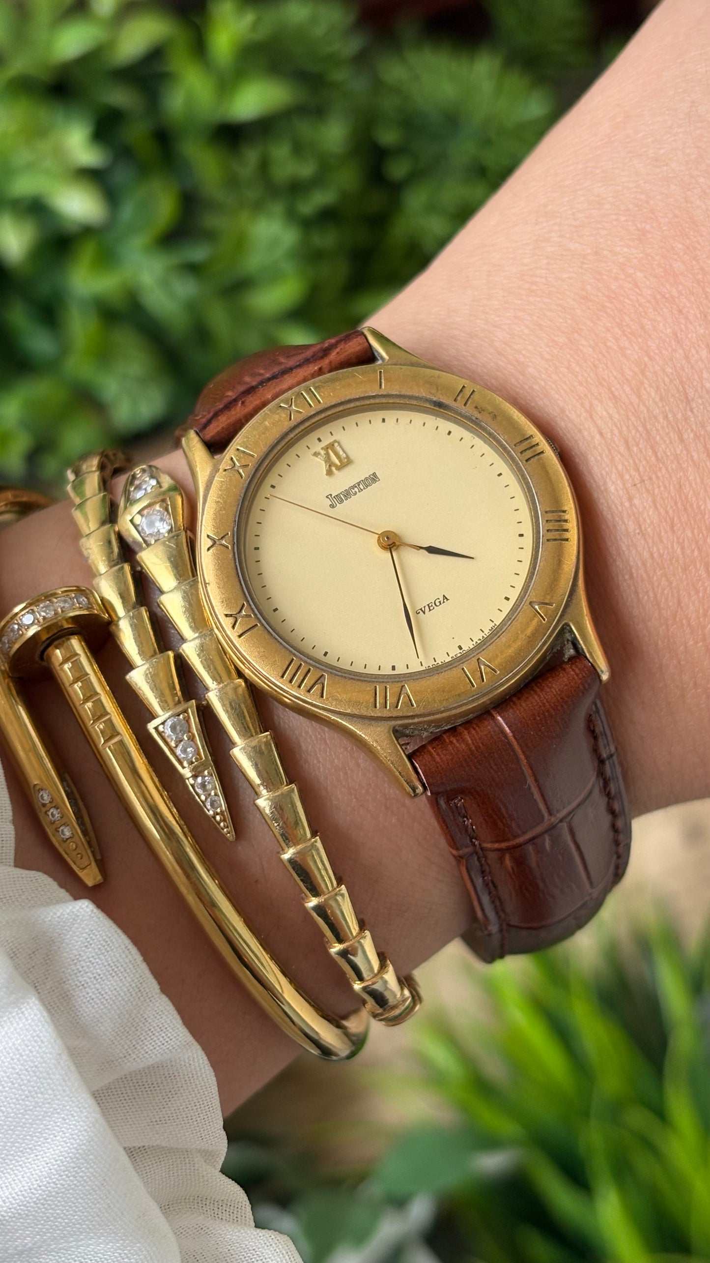 Vintage Junction by Citizen Vega Engraved Bezel Indices Watch in Gold Tone Brown Leather Quartz #00935