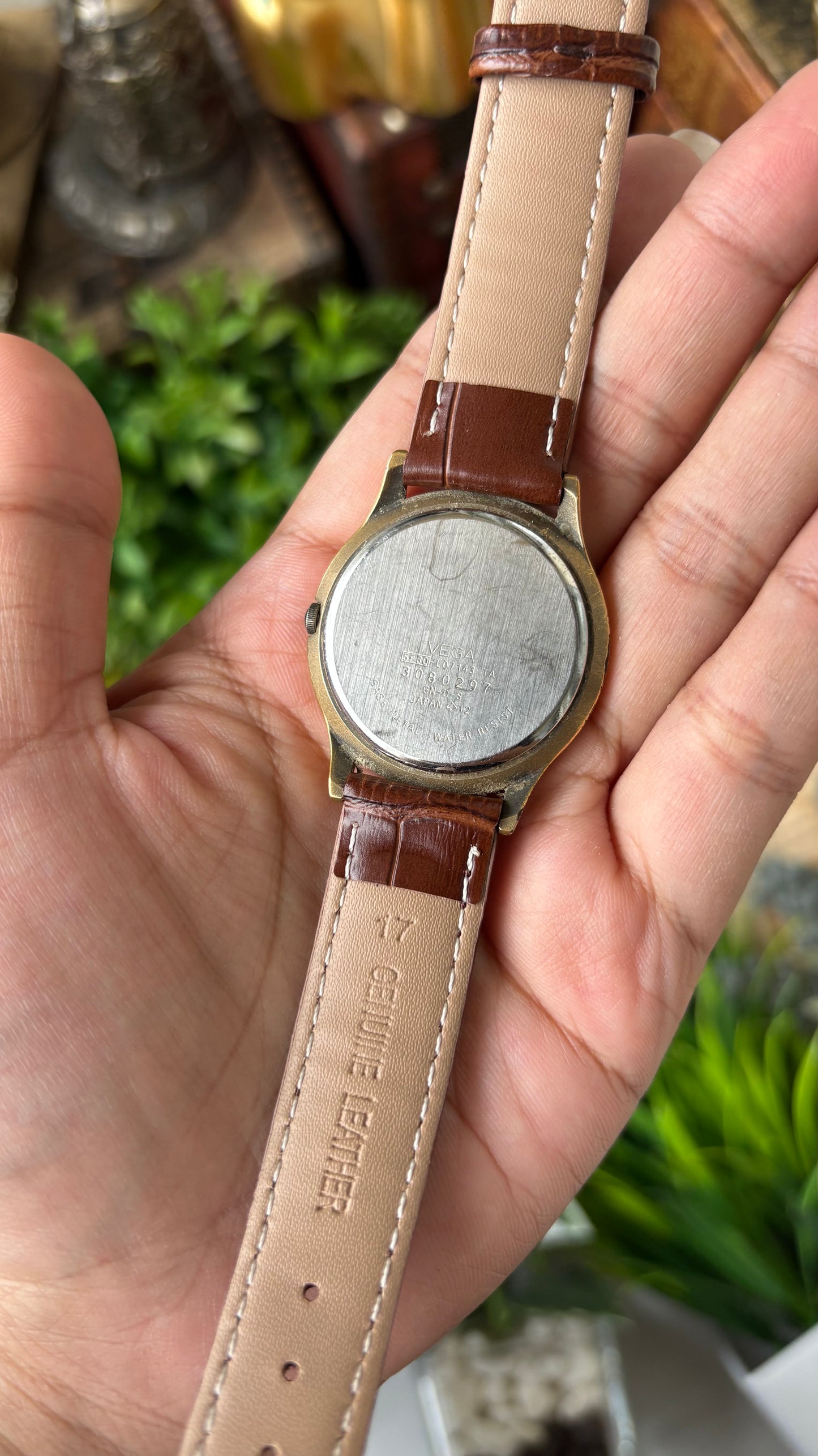 Vintage Junction by Citizen Vega Engraved Bezel Indices Watch in Gold Tone Brown Leather Quartz #00935