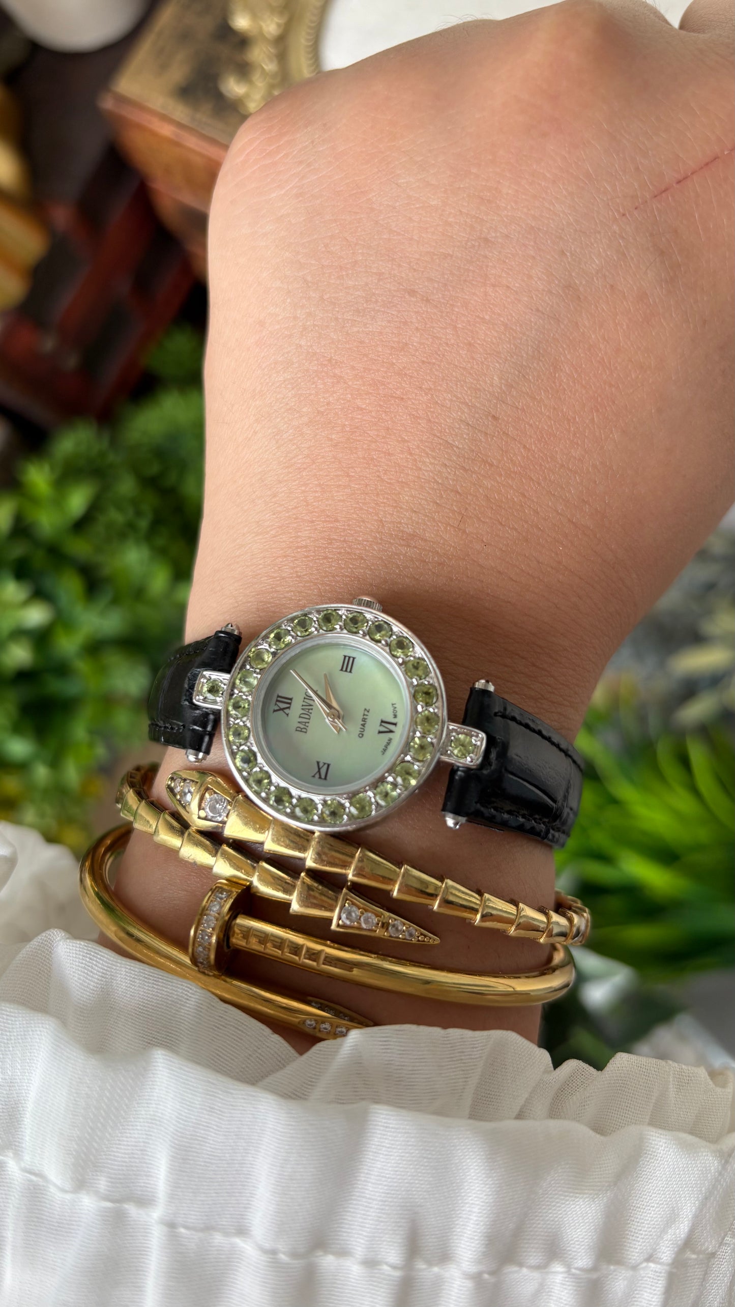 Vintage Badavici Elegant Green Rhinestone Bezel Watch in Silver Tone Sage Green Mother of Pearl Dial Quartz #00919