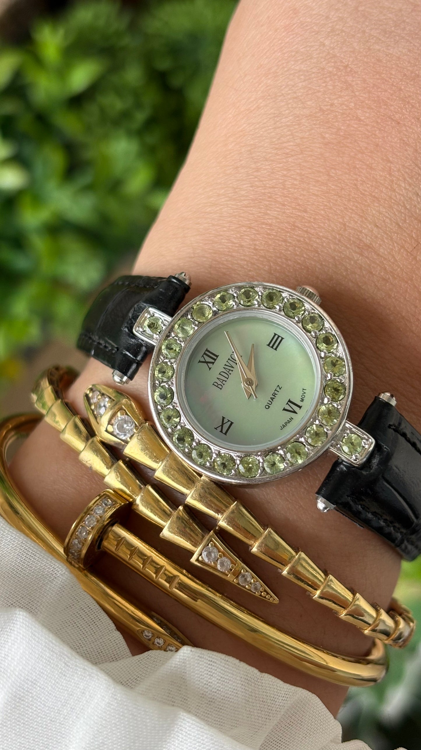 Vintage Badavici Elegant Green Rhinestone Bezel Watch in Silver Tone Sage Green Mother of Pearl Dial Quartz #00919