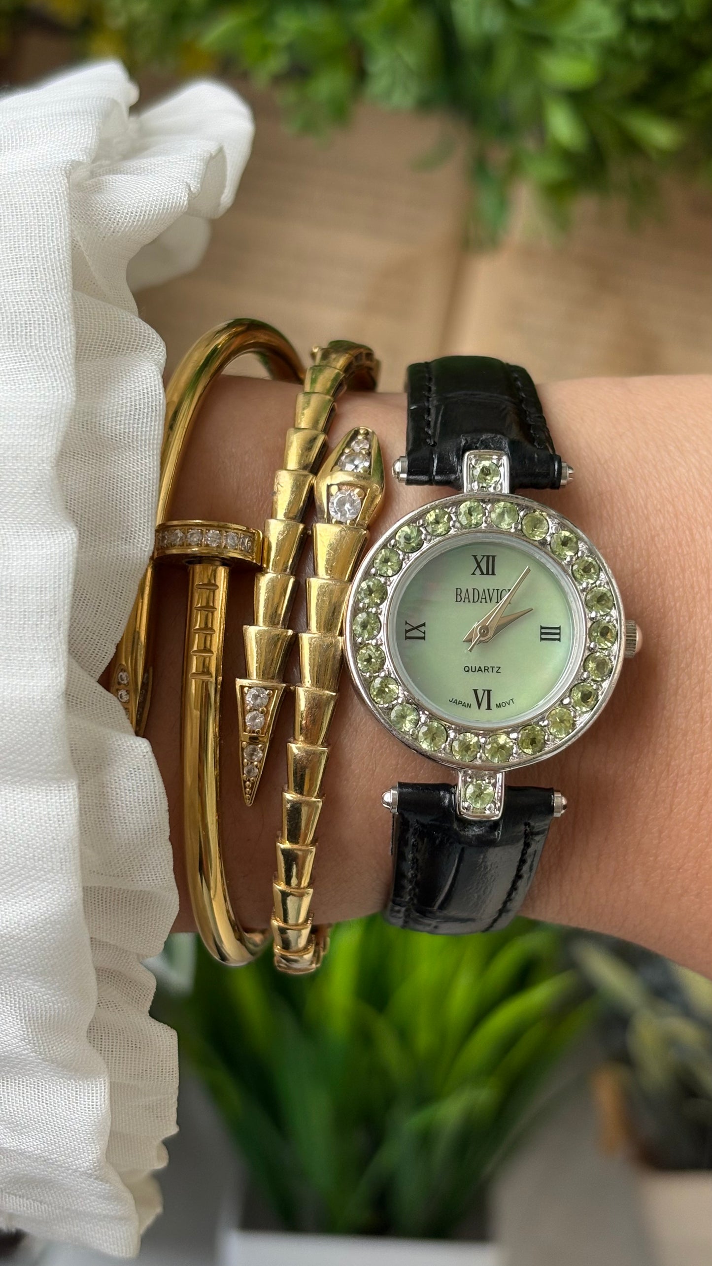 Vintage Badavici Elegant Green Rhinestone Bezel Watch in Silver Tone Sage Green Mother of Pearl Dial Quartz #00919