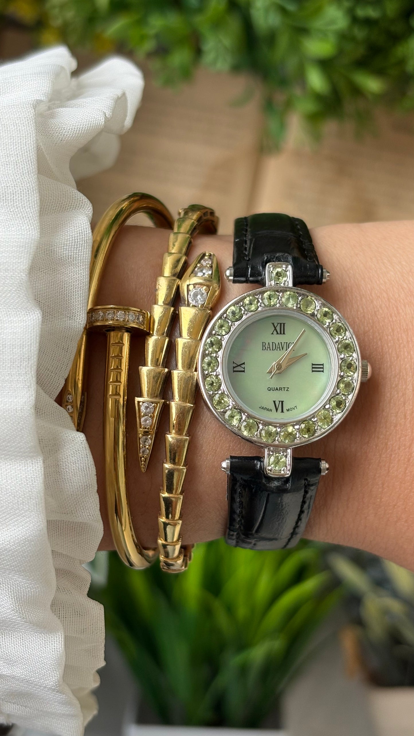 Vintage Badavici Elegant Green Rhinestone Bezel Watch in Silver Tone Sage Green Mother of Pearl Dial Quartz #00919