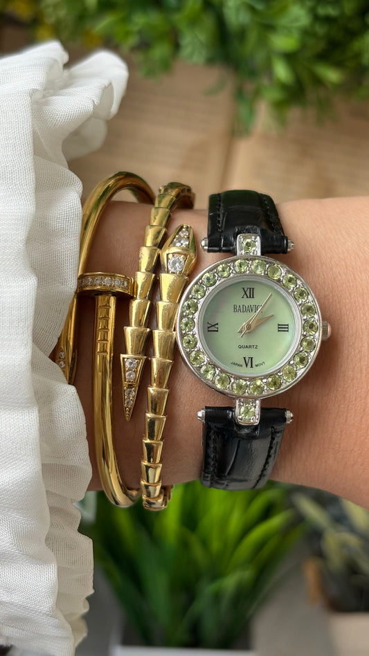 Vintage Badavici Elegant Green Rhinestone Bezel Watch in Silver Tone Sage Green Mother of Pearl Dial Quartz #00919