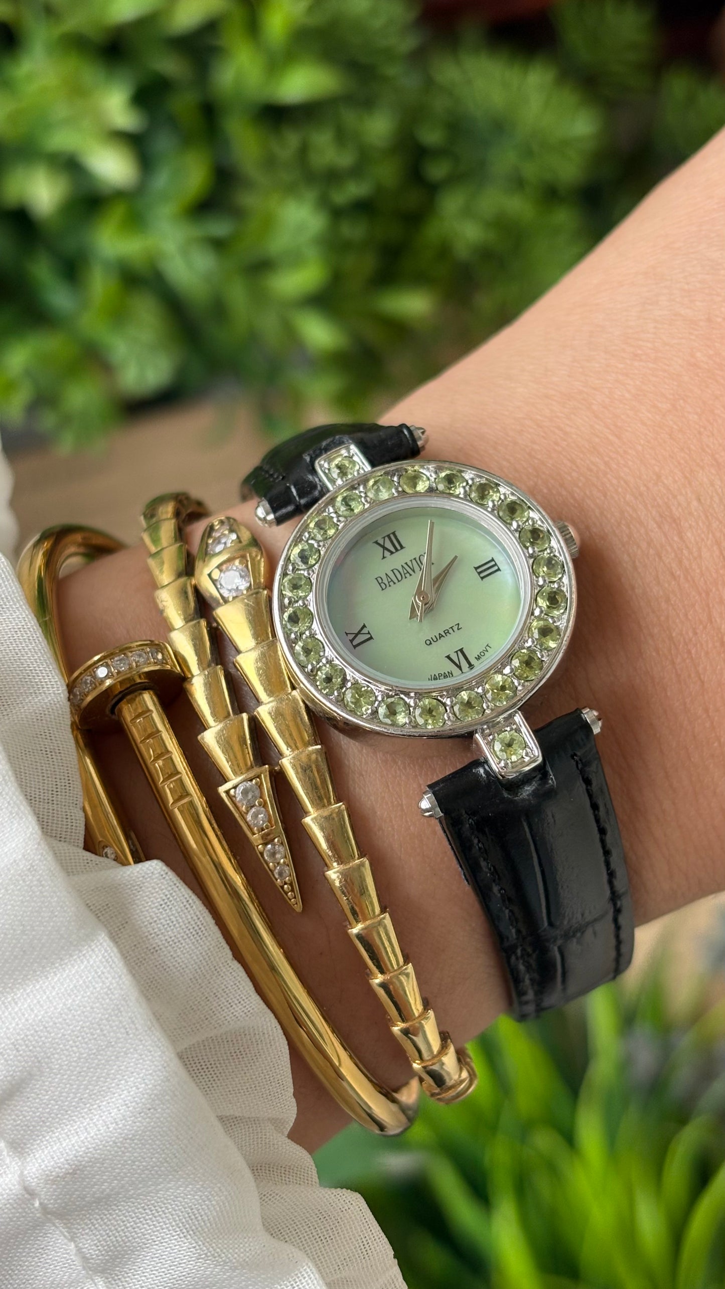 Vintage Badavici Elegant Green Rhinestone Bezel Watch in Silver Tone Sage Green Mother of Pearl Dial Quartz #00919