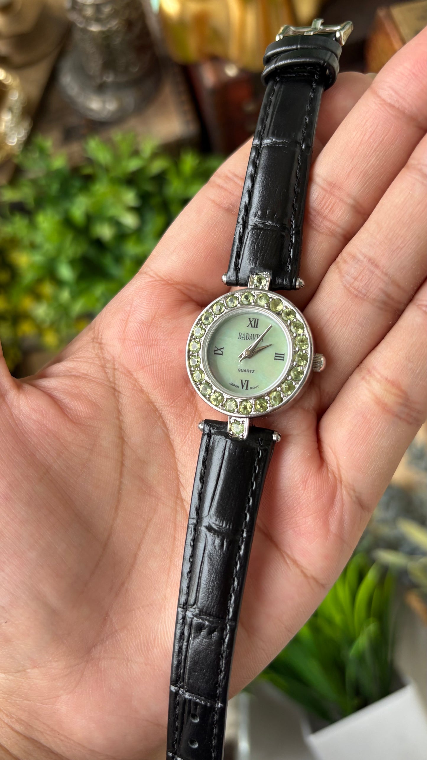 Vintage Badavici Elegant Green Rhinestone Bezel Watch in Silver Tone Sage Green Mother of Pearl Dial Quartz #00919