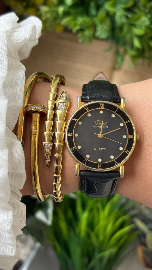 Vintage Profeel Elegant For Urban Life Watch in Gold Tone Black Leather Black Rhinestone Roman Dial Quartz #00928