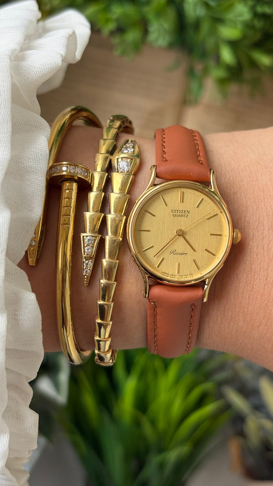 Vintage Citizen Riviere Elegant Minimalist Watch in Gold Tone Honey Brown Leather Gold Dial Quartz #00915