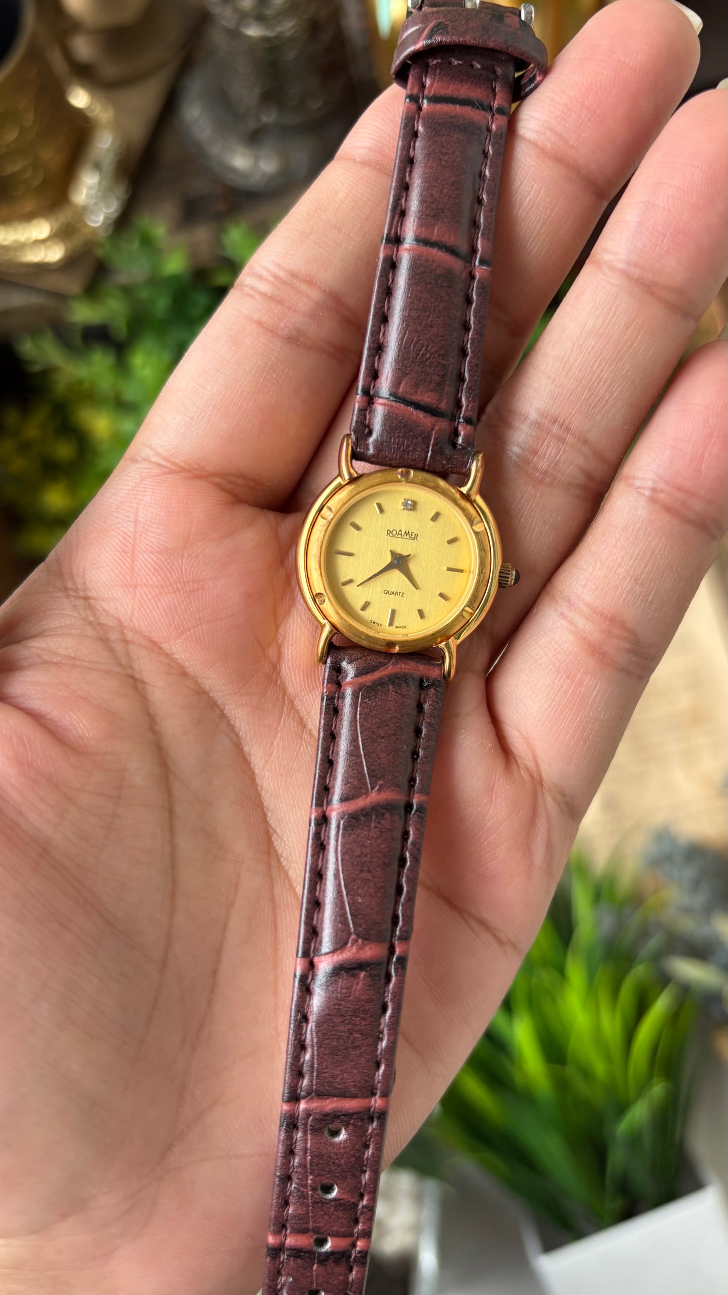 Vintage Roamer Swiss Minimalist Watch with Unique Details in Gold Tone Maroon Leather Quartz #00925