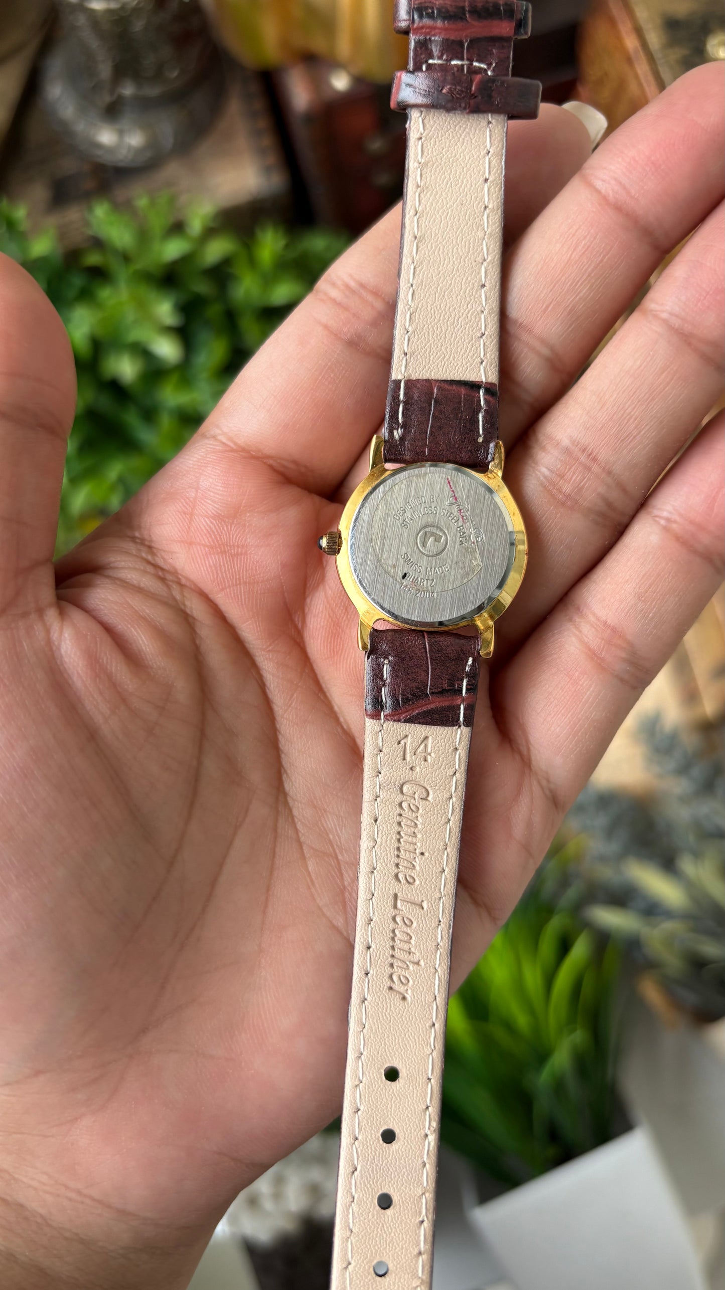 Vintage Roamer Swiss Minimalist Watch with Unique Details in Gold Tone Maroon Leather Quartz #00925