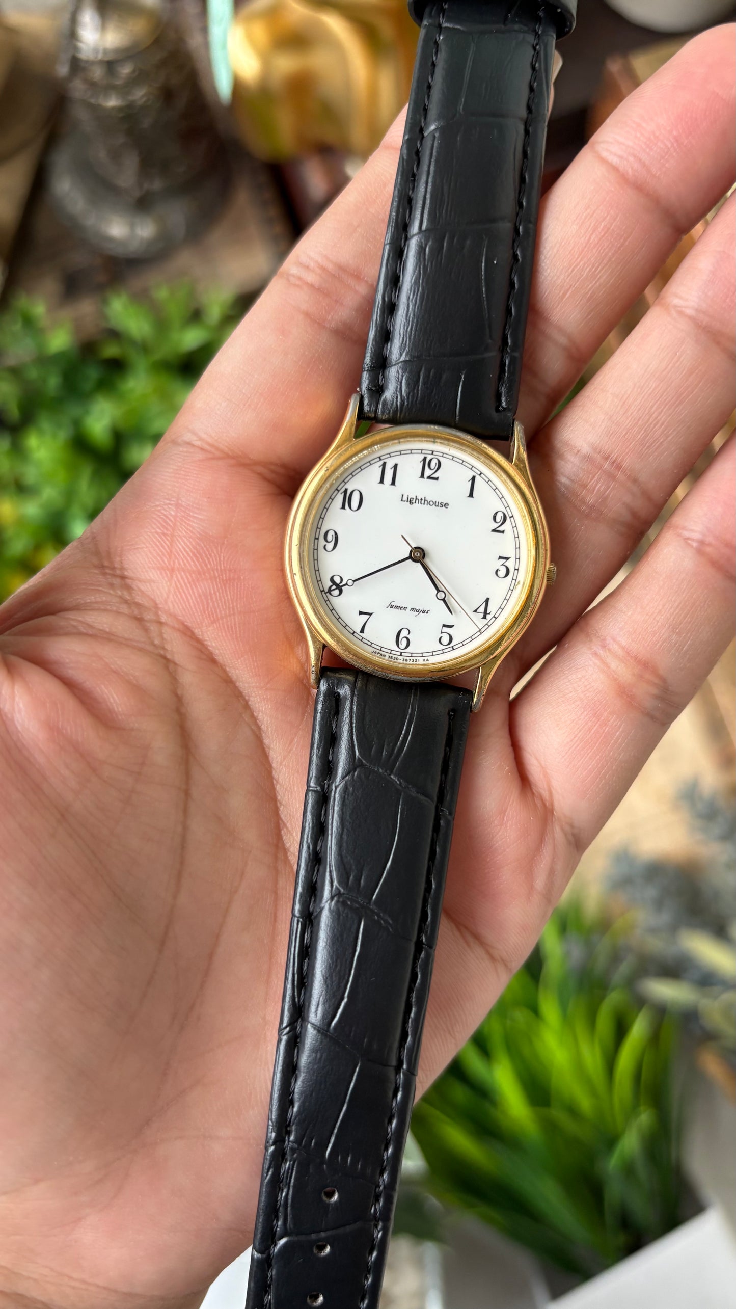 Vintage Lighthouse Lumen Majus Elegant Men's Classic Watch in Gold Tone Black Leather Quartz #00944